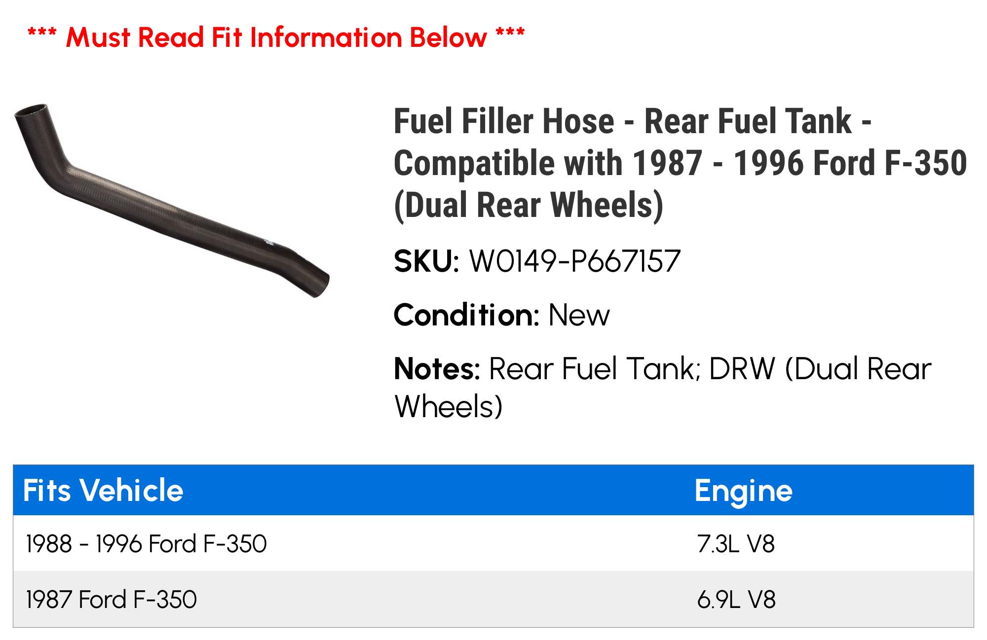 Fuel Filler Hose - Rear Fuel Tank - Compatible with 1987 - 1996 Ford F-350 (Dual Rear Wheels) 1988 1989 1990 1991 1992 1993 1994 1995