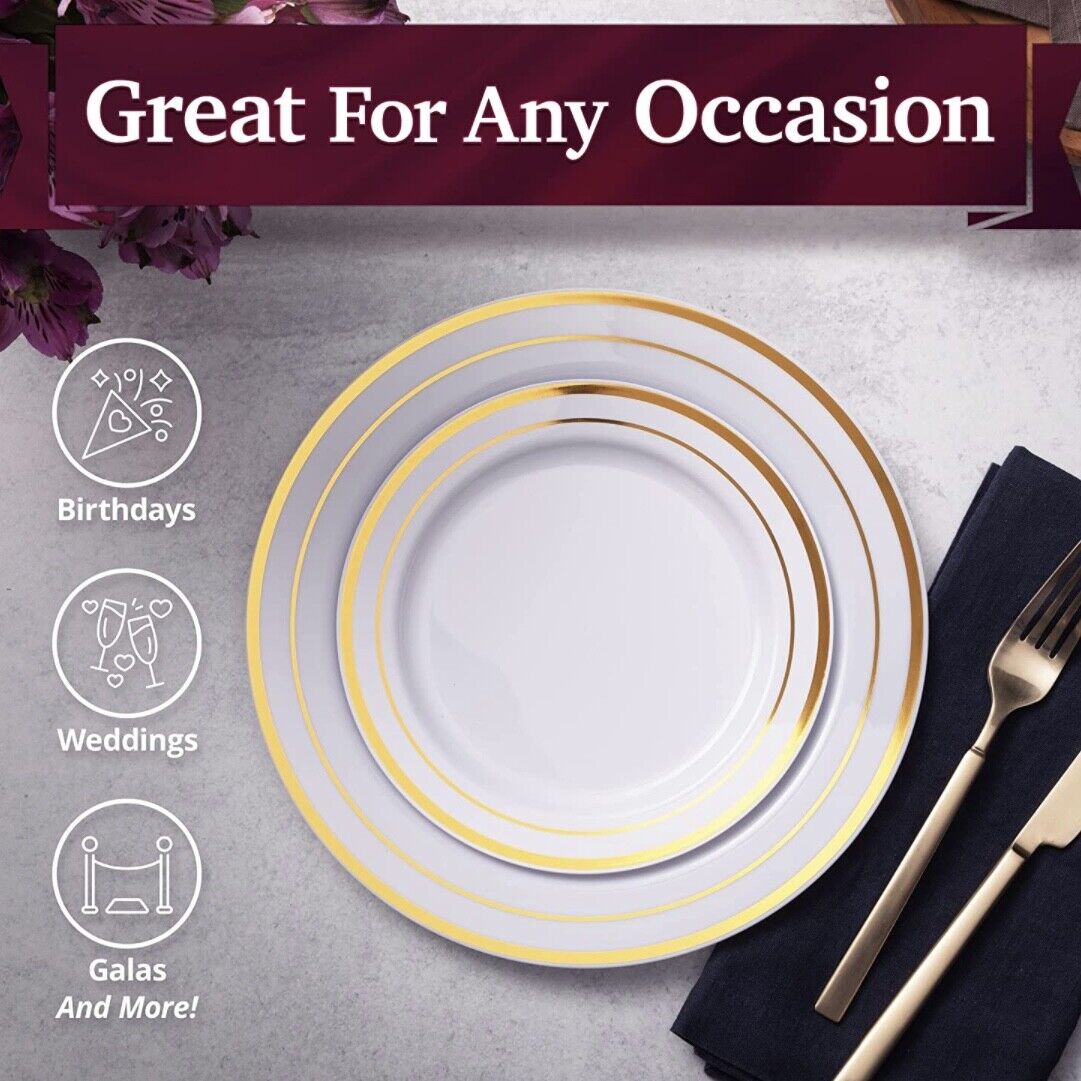 Prime Disposable Gold Trim Plastic Party Plates 9'' and 6'' Heavy Duty Plates