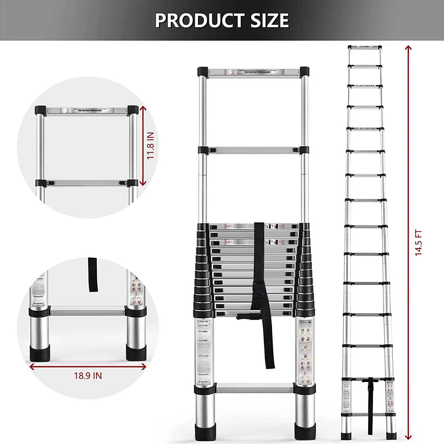 KEERDAO 14.5FT / 4.4M Aluminum Telescopic Ladder Folding Step Inward Sliding Retraction Extension Ladder Multi-Use Non-Slip Collapsible Ladder