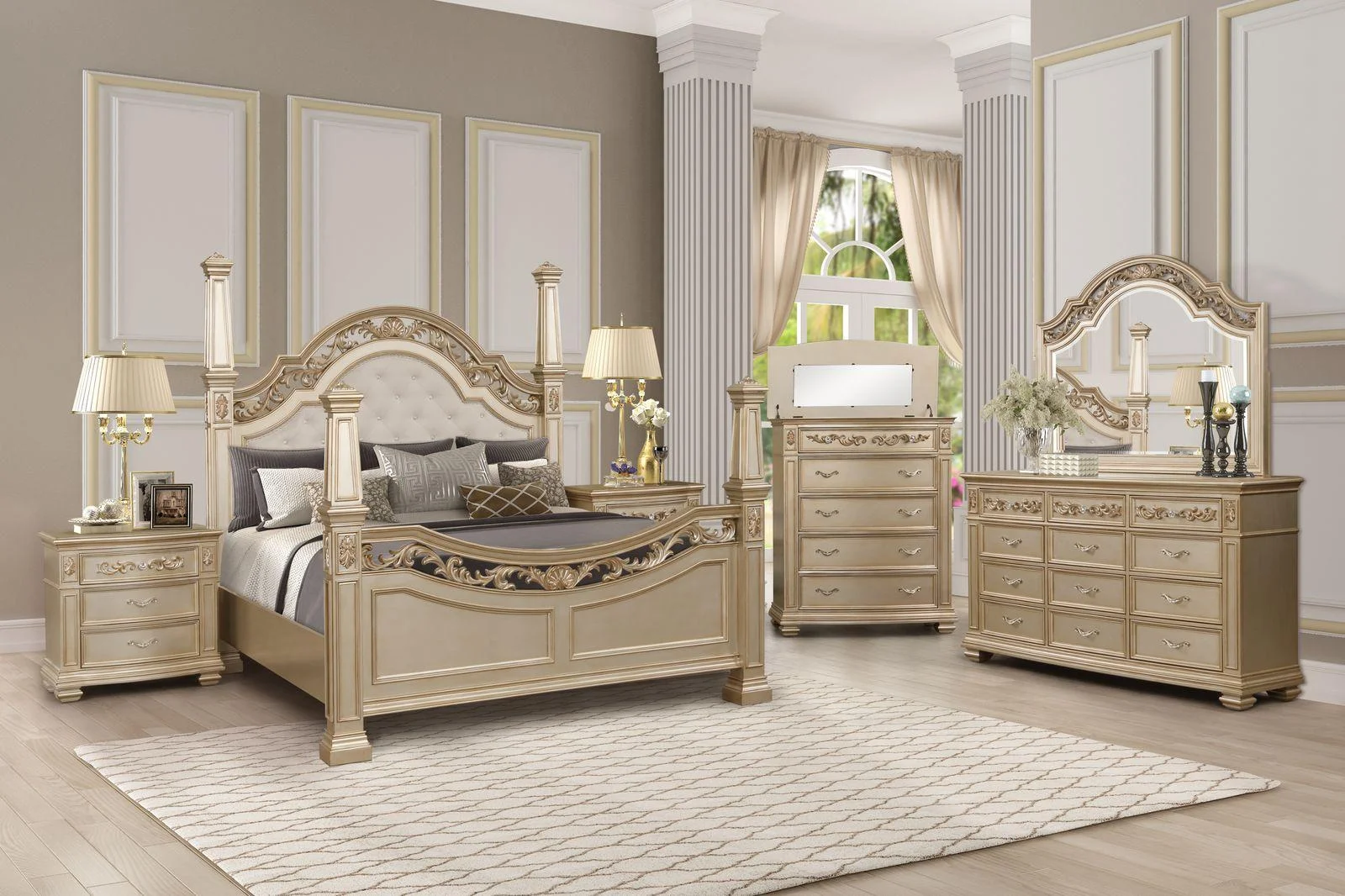 Gold Finish King Poster Bedroom Set 6Pcs Traditional Cosmos Furniture Valentina