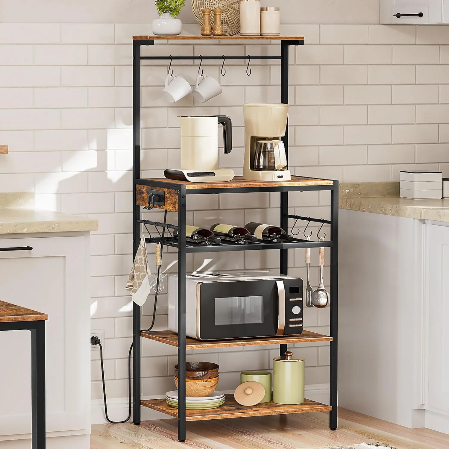 Kitchen Bakers Rack with Power Outlet, 5-Tier Coffee Bar with Adjustable Wine Rack, Microwave Stand with 10 S-Shaped Hooks, Kitchen Storage Shelf Rack, Rustic Brown BG60UHB01