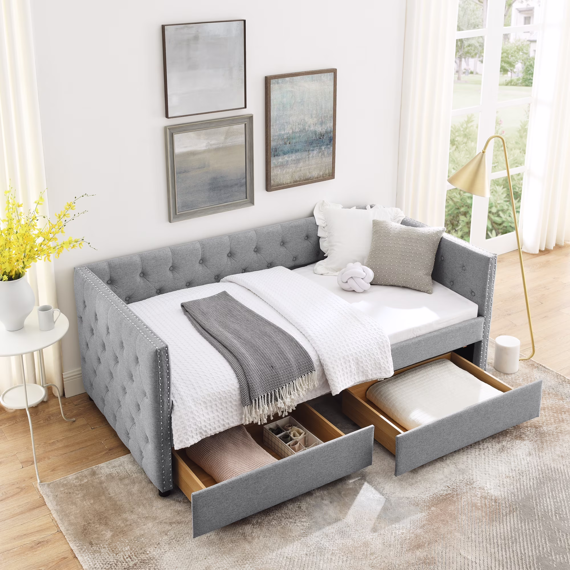 Muumblus Twin Size Daybed with Drawer, Upholstered Daybed with Button and Copper Nail, Gray