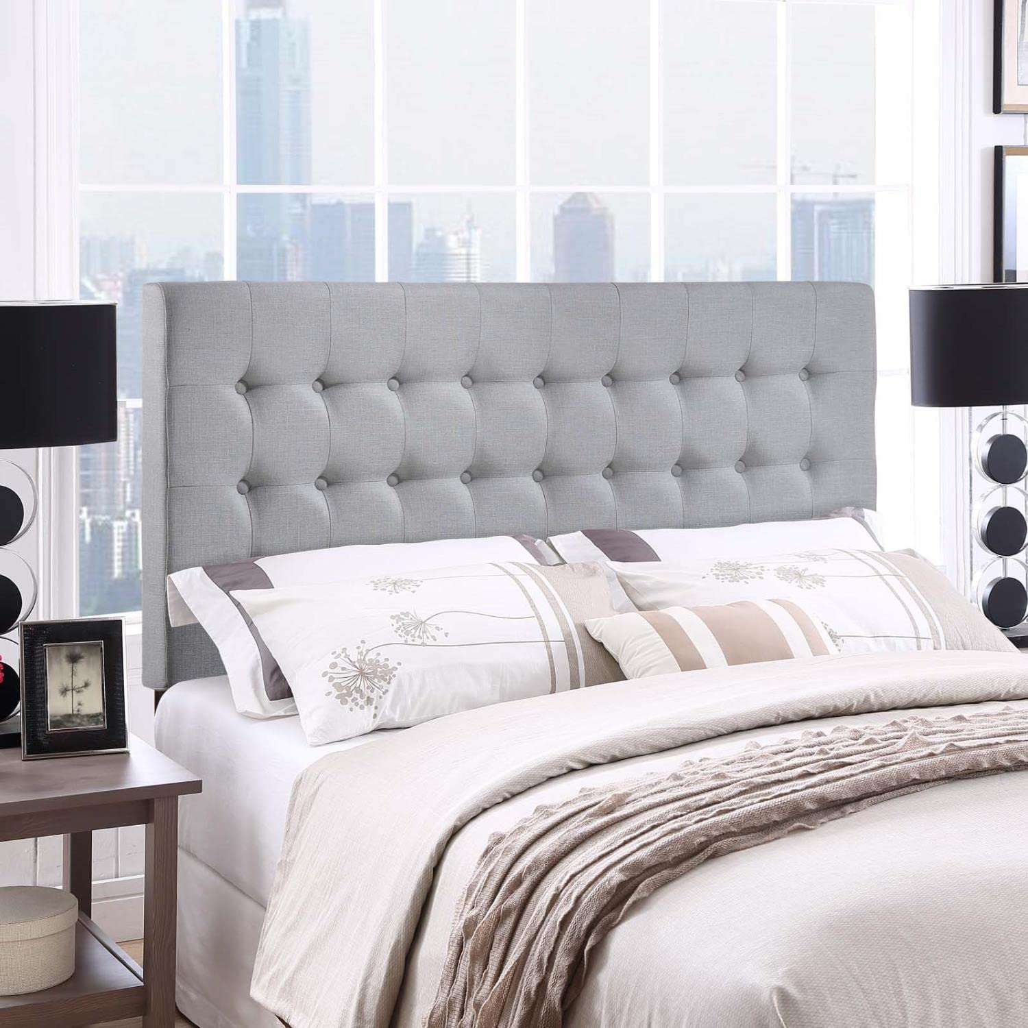 Tinble Tufted Button Linen Fabric Upholstered Queen Headboard In Gray