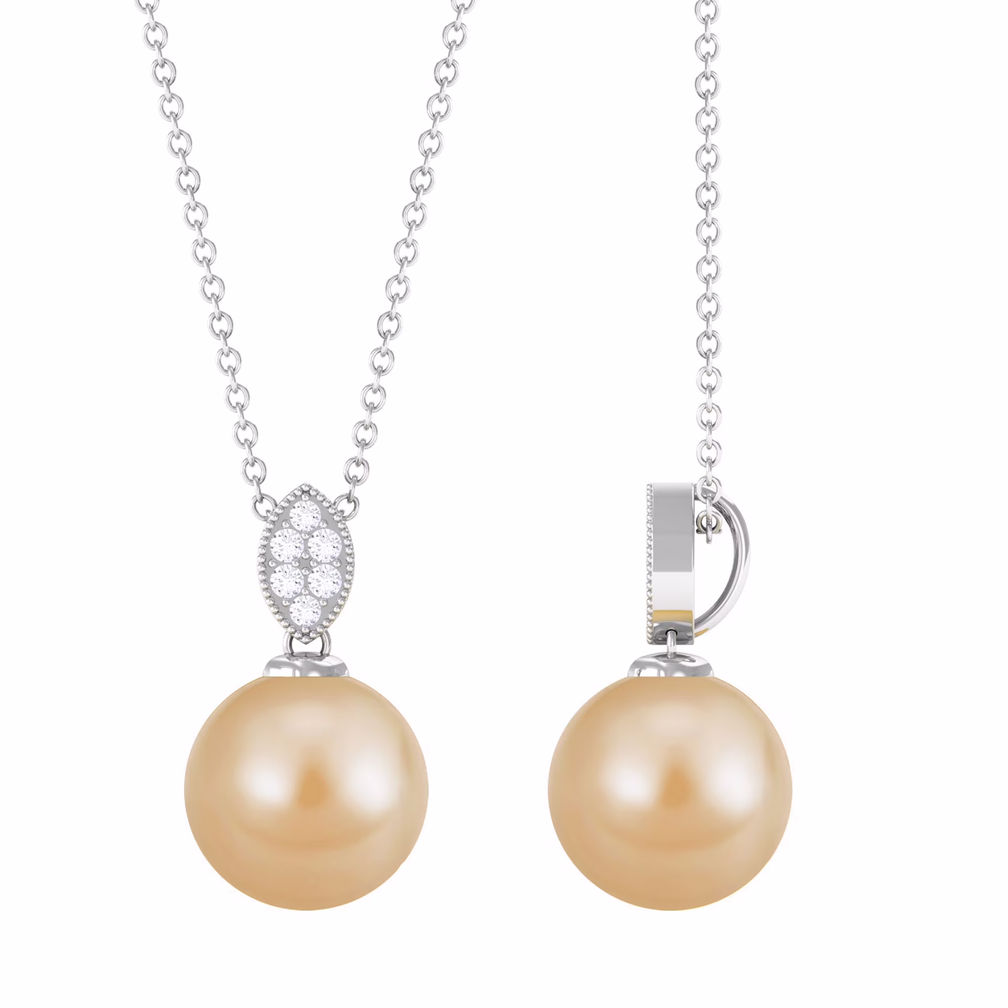 Golden Pearl Pendant Necklace for Women with Moissanite, AAA Grade, 18K White Gold