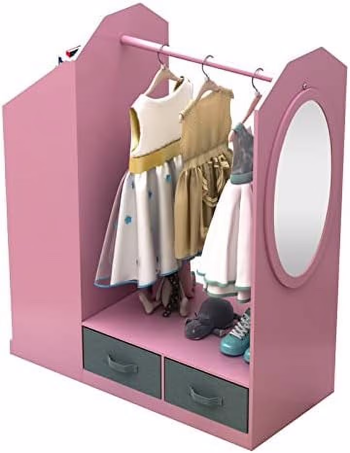 RUNFAYBIU Costume Organizer - Clothing Rack - Armoire Wardrobe Closet - Open Hanging Dresser with Mirror - Dress-Up Center - Garment Rack with 3 Shelves  1 Compartment  4 Drawers  Hanging