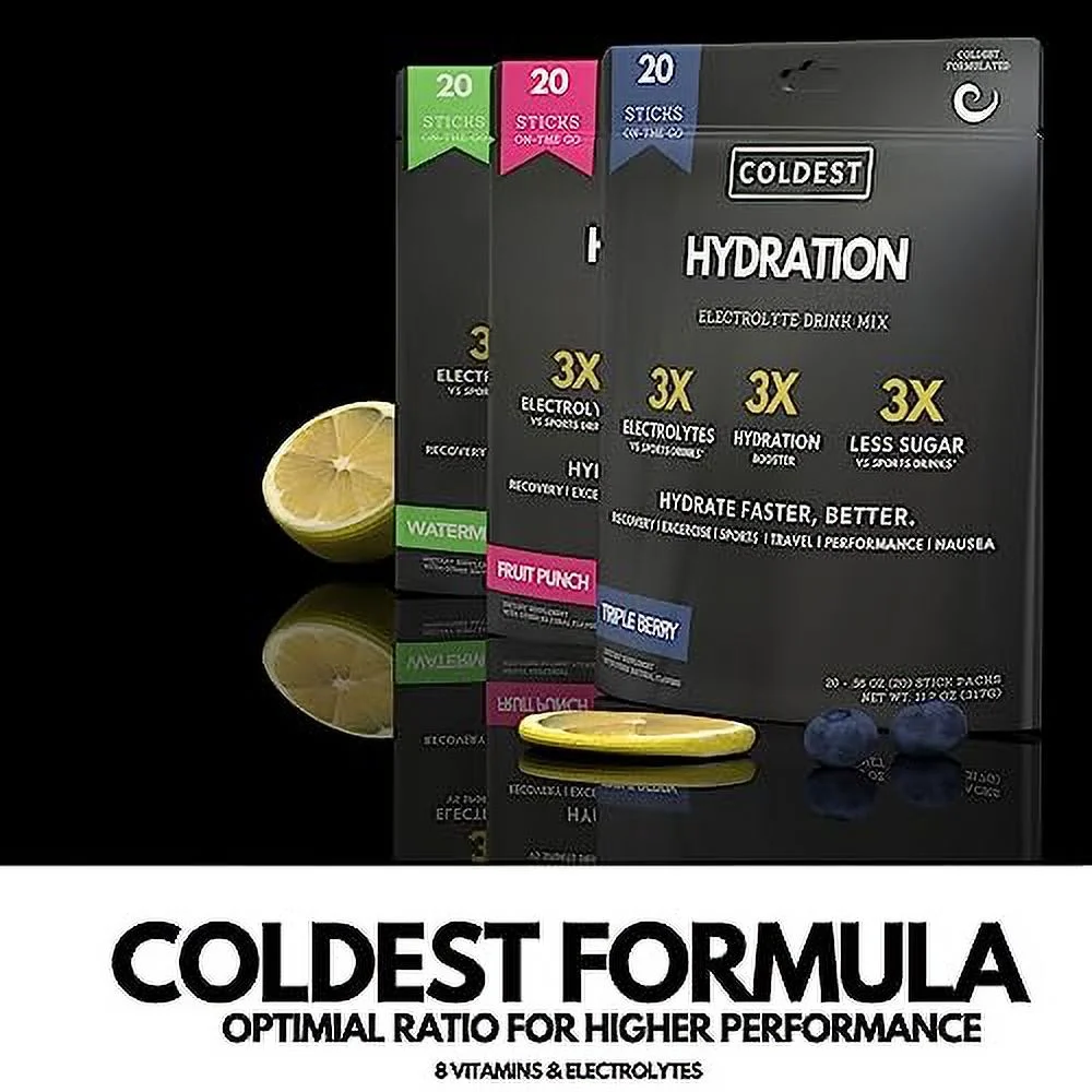 Coldest Hydration - Electrolytes Powder Packets - Non GMO & No Artificial Sugar - Electrolyte Drink Mix - Easy Open Single-Serving Stick Drop in Water - 20 Sticks per Pack (Watermelon)