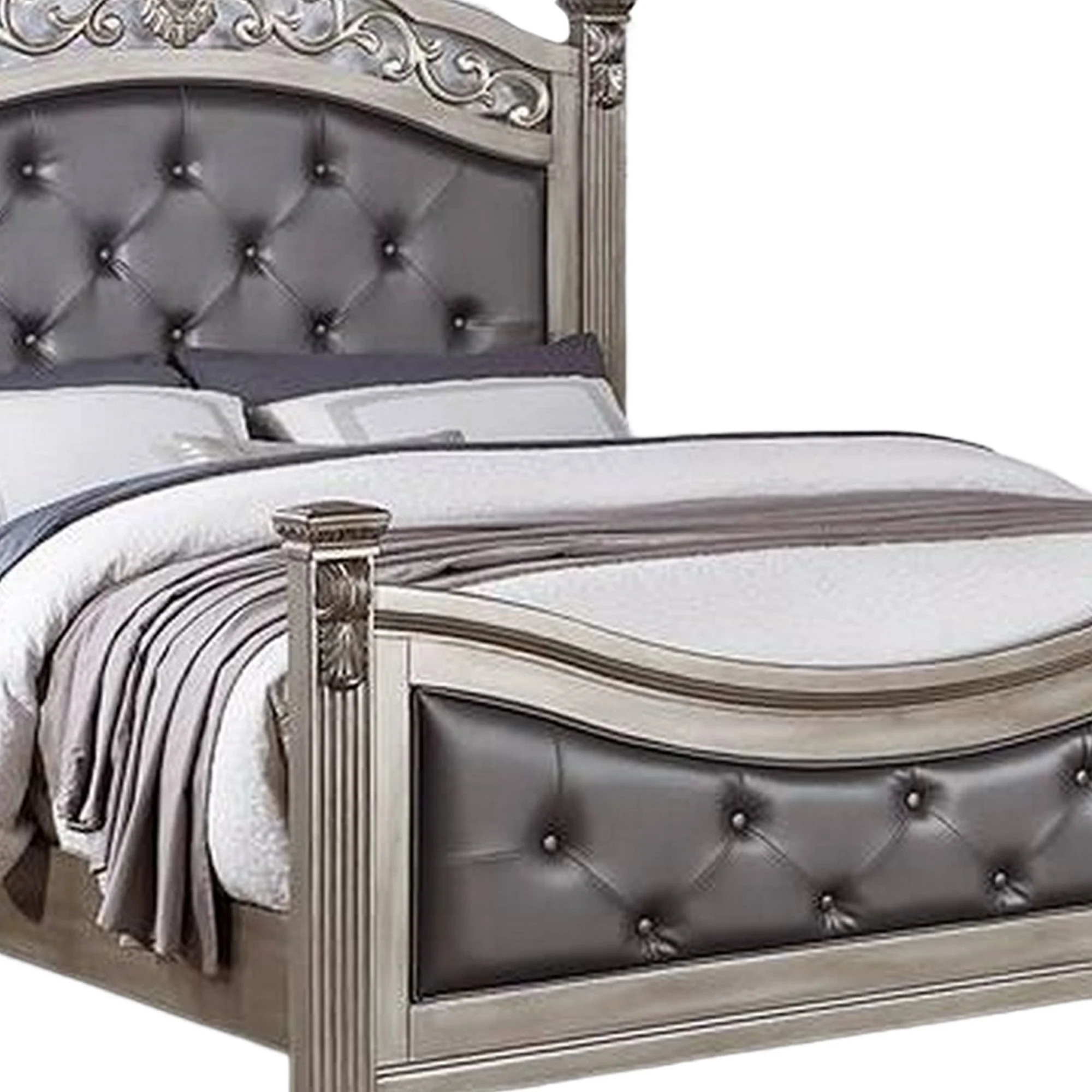 Benjara Jax California King Bed, Button Tufted Upholstered Headboard, Champagne