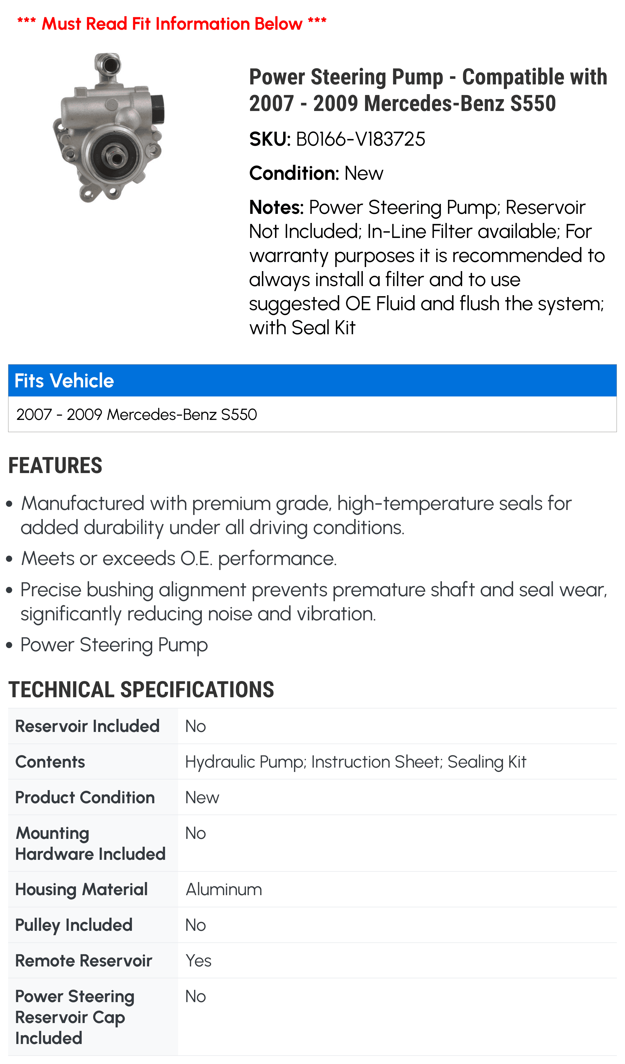 Power Steering Pump - Compatible with 2007 - 2009 Mercedes-Benz S550 2008