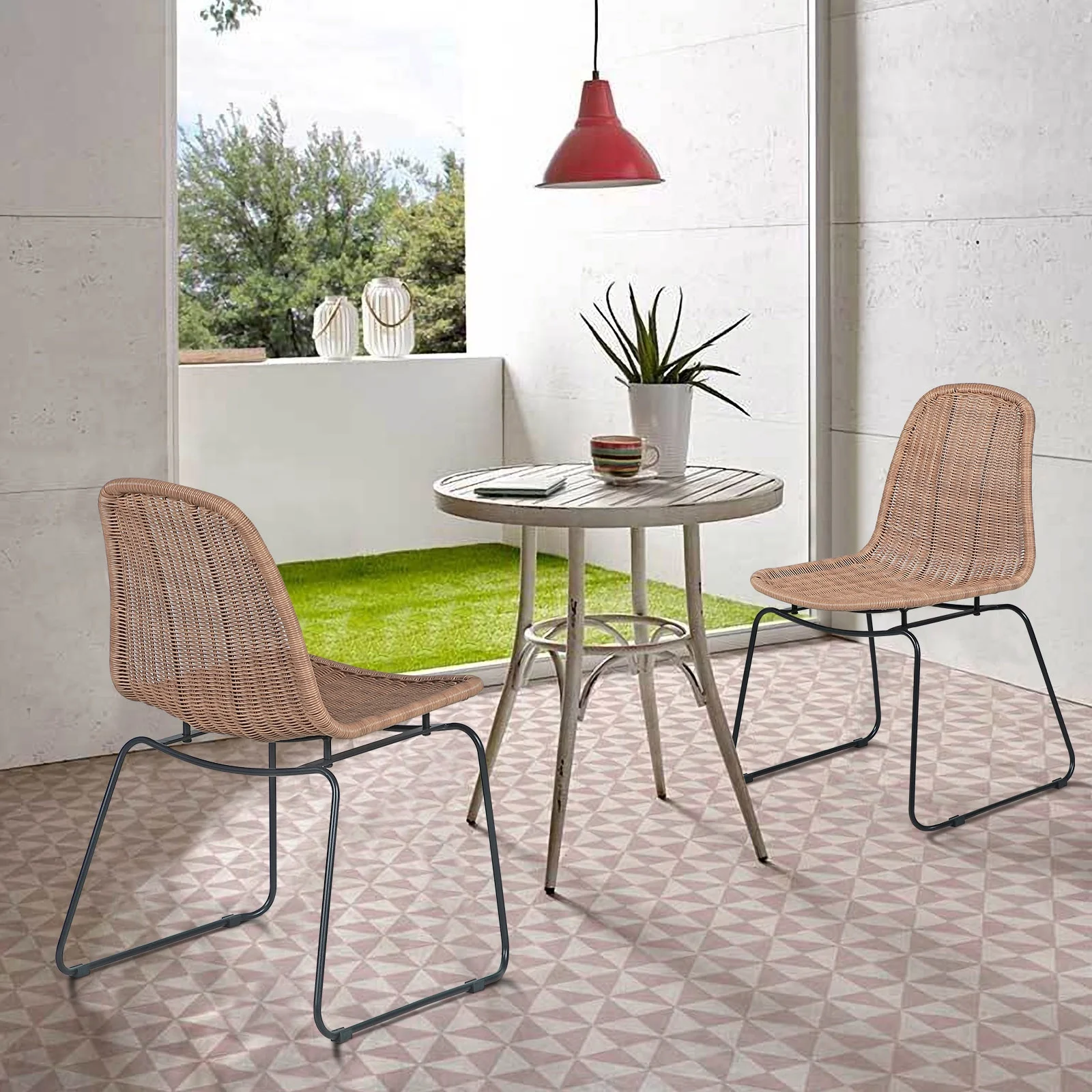 Outdoor Wicker Chairs, Patio Dining Chair, Rattan Armless Chairs with Curved Back, Indoor/Outdoor, Set of 2, Beige