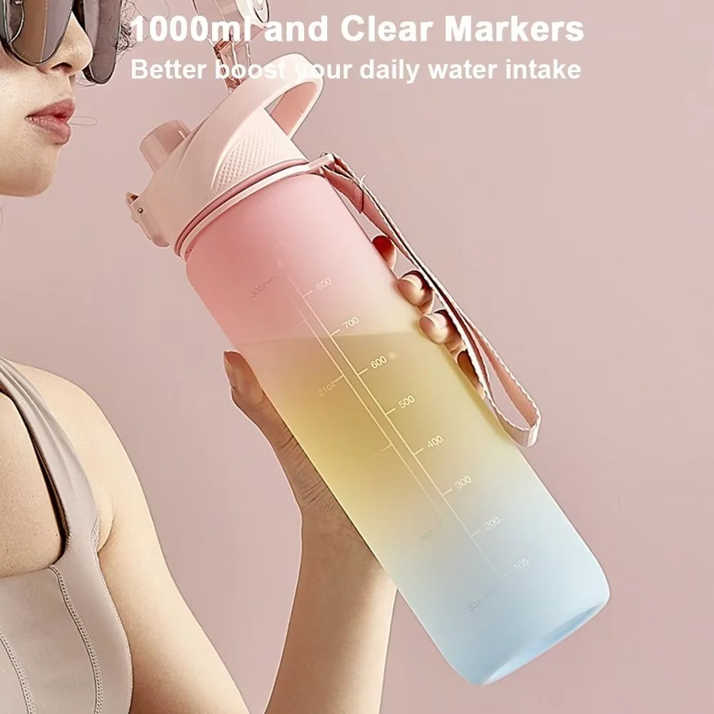 1L Large Reusable Sport Water Bottle with Time Marker, Plastic Drinking Water Cup with Flip Top Lid