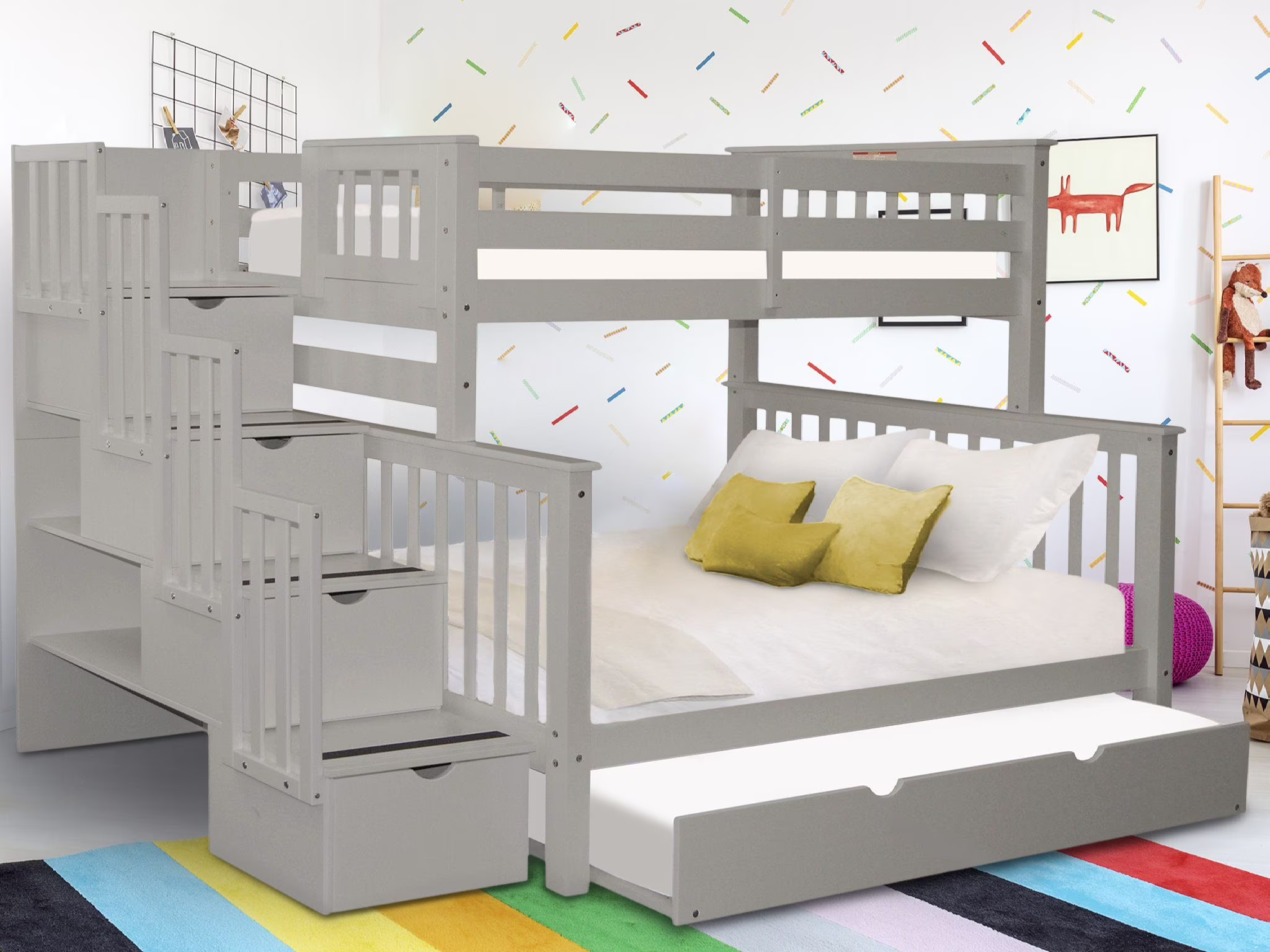 Bedz King Stairway Bunk Beds Twin over Full with 4 Drawers in the Steps and a Twin Trundle, Gray