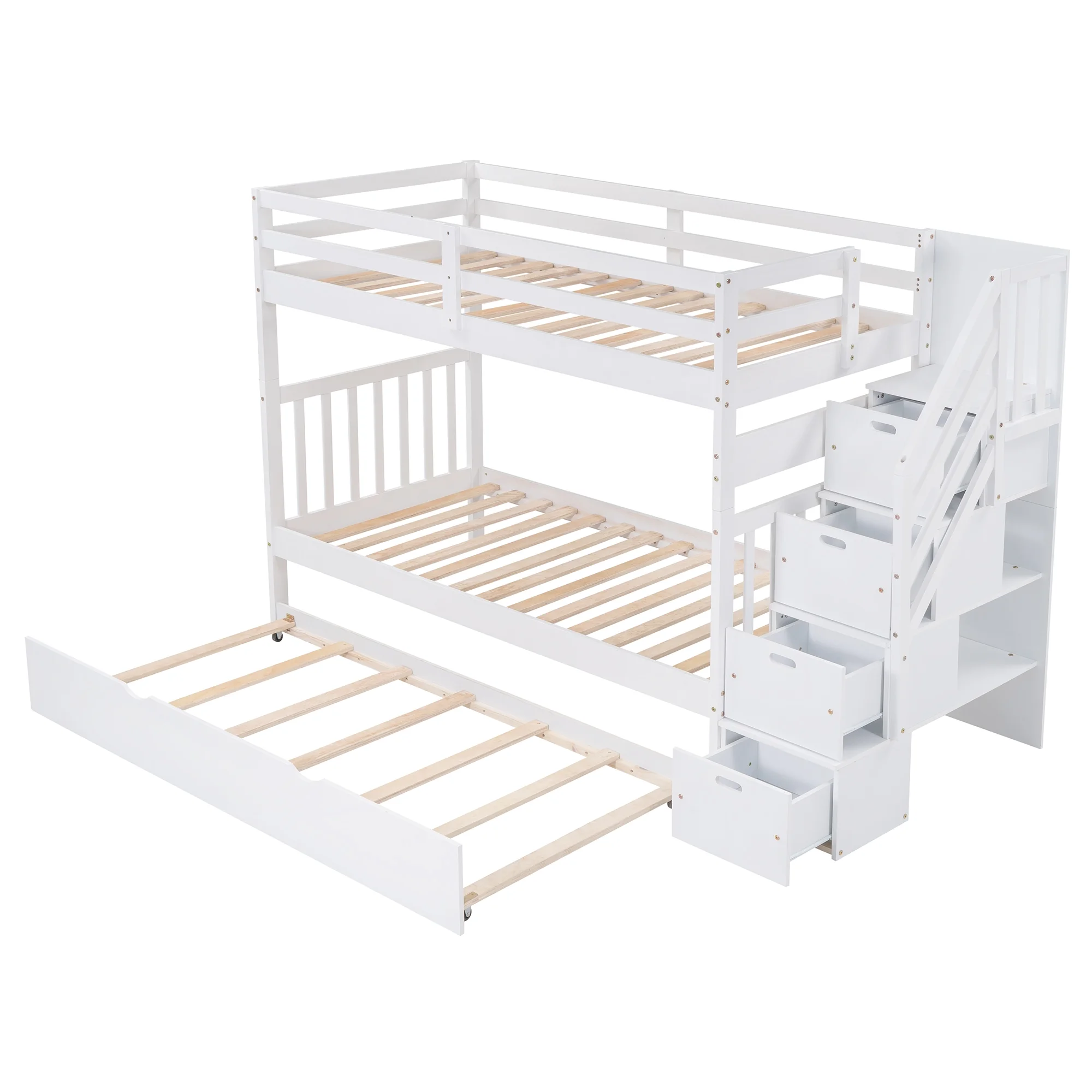 White Twin over Twin/Full Bunk Bed with Twin Size Trundle