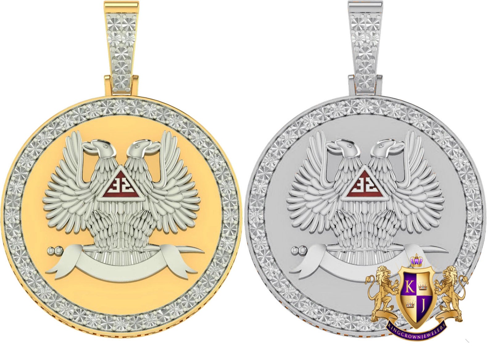 Real Genuine Diamond Scottish Rite 32 Degree Wings Up Masonic Knights Templar Freemasonry Freemason Pendent 10K White Gold Over Charm 2''