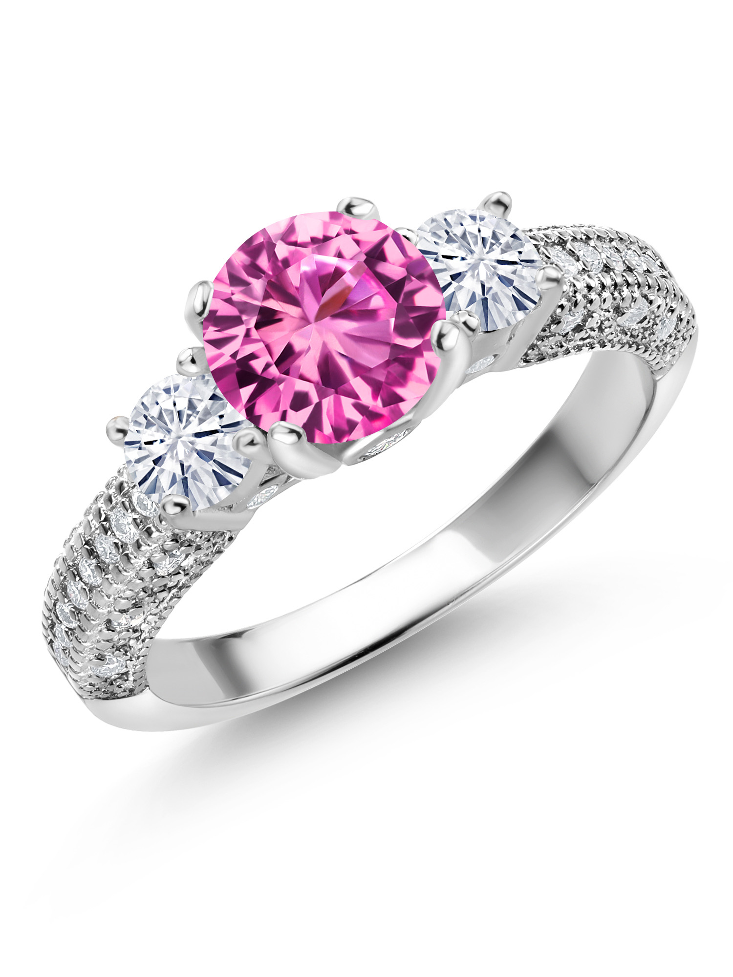 Gem Stone King 925 Sterling Silver Pink Created Sapphire and White Moissanite Engagement Ring For Women (2.20 Cttw, Gemstone September Birthstone, Round 7MM and 4MM)