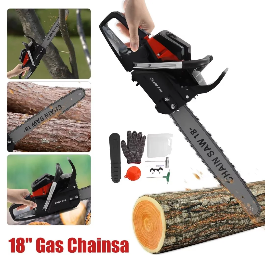 Oukaning 18 Inch Gasoline Chainsaw, 4.4HP 68CC Wood Cutting Tool 3 Row Air Hole Handheld Cordless Gasoline Chain Saw