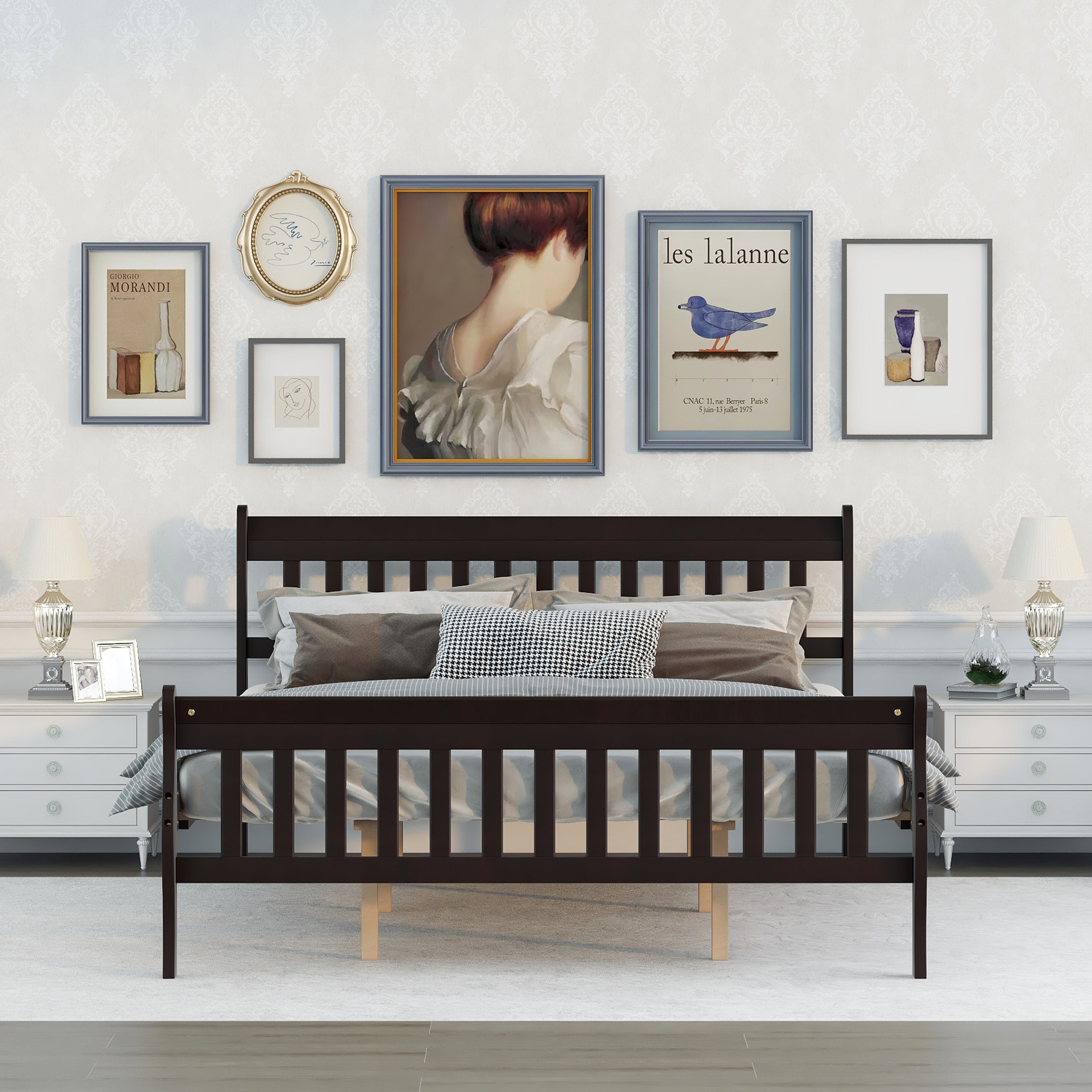 Sleigh Queen Size Wood Platform Bed for Espresso color