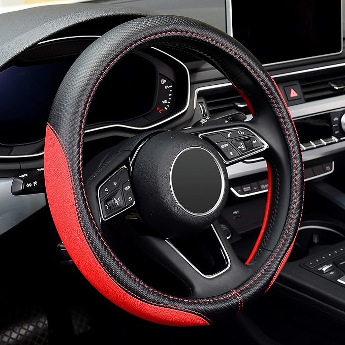 LABBYWAY Microfiber Leather Auto Car Steering Wheel Cover,Universal 15 Inch Anti-Slip Wheel Protector (Red)