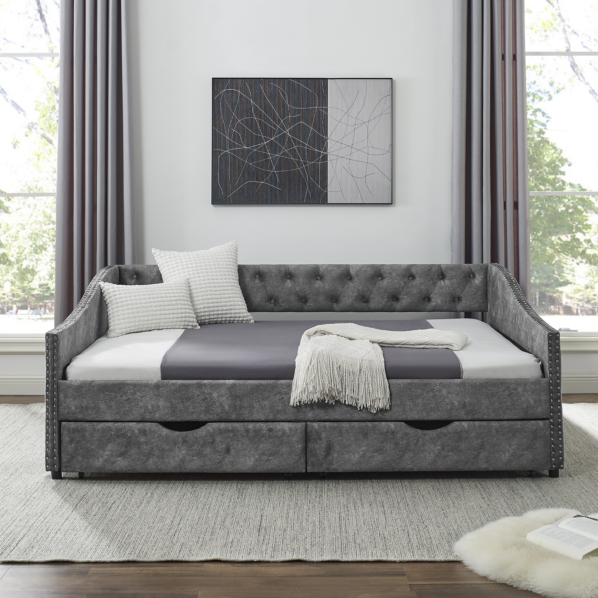 Dawn Whisper Full Size Daybed with Drawers Upholstered Tufted Sofa Bed, with Button on Back and Copper Nail on Waved Shape Arms, Grey