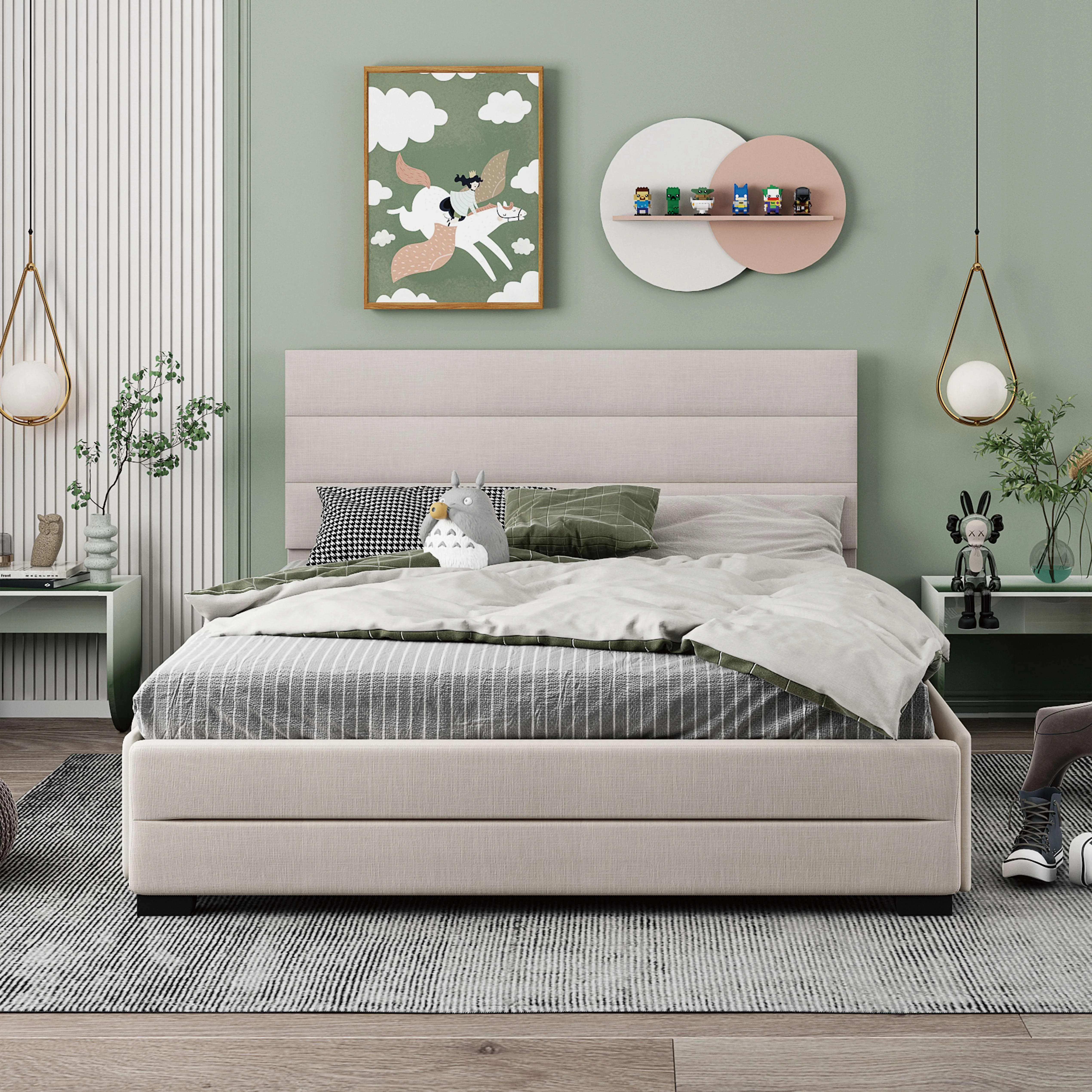 Queen Upholstered Platform Bed with Trundle and Two Drawers