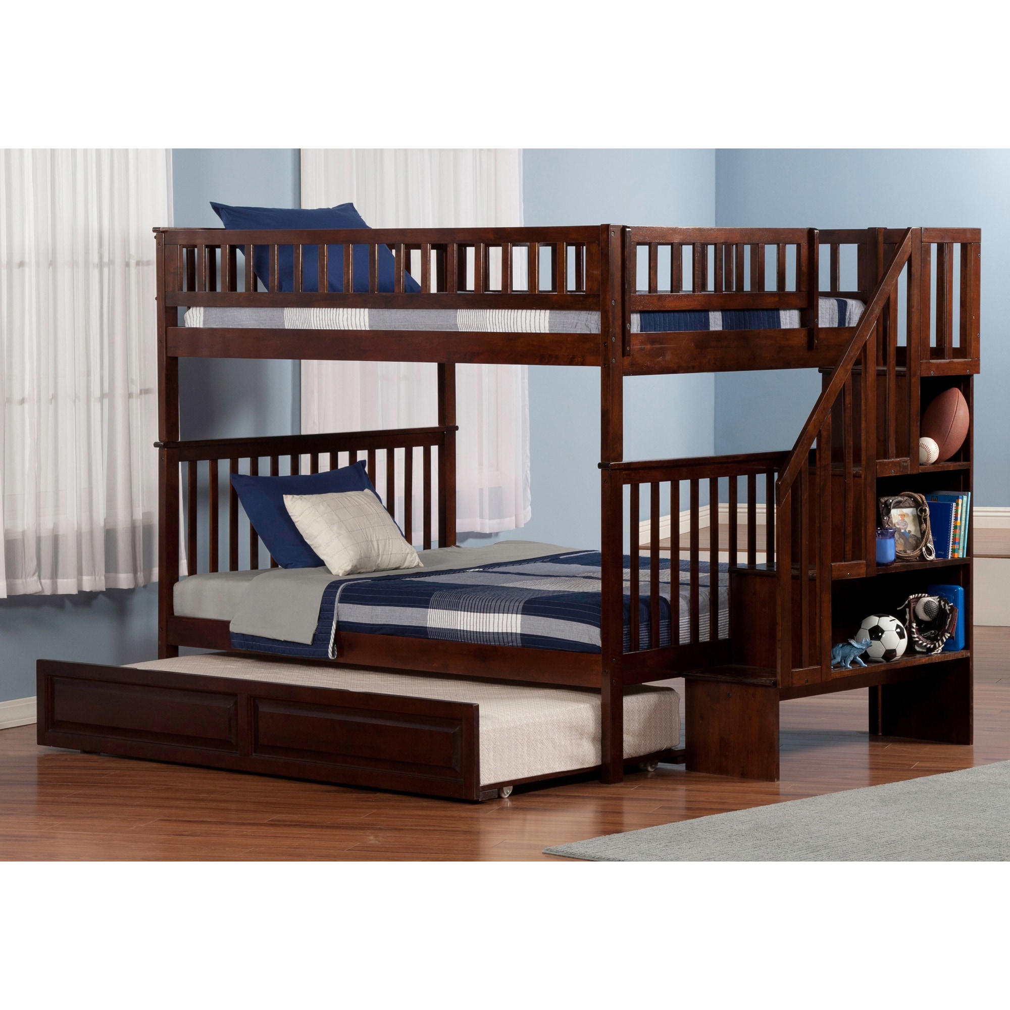 AFI Woodland Staircase Bunk Bed Full over Full with Twin Trundle in Walnut