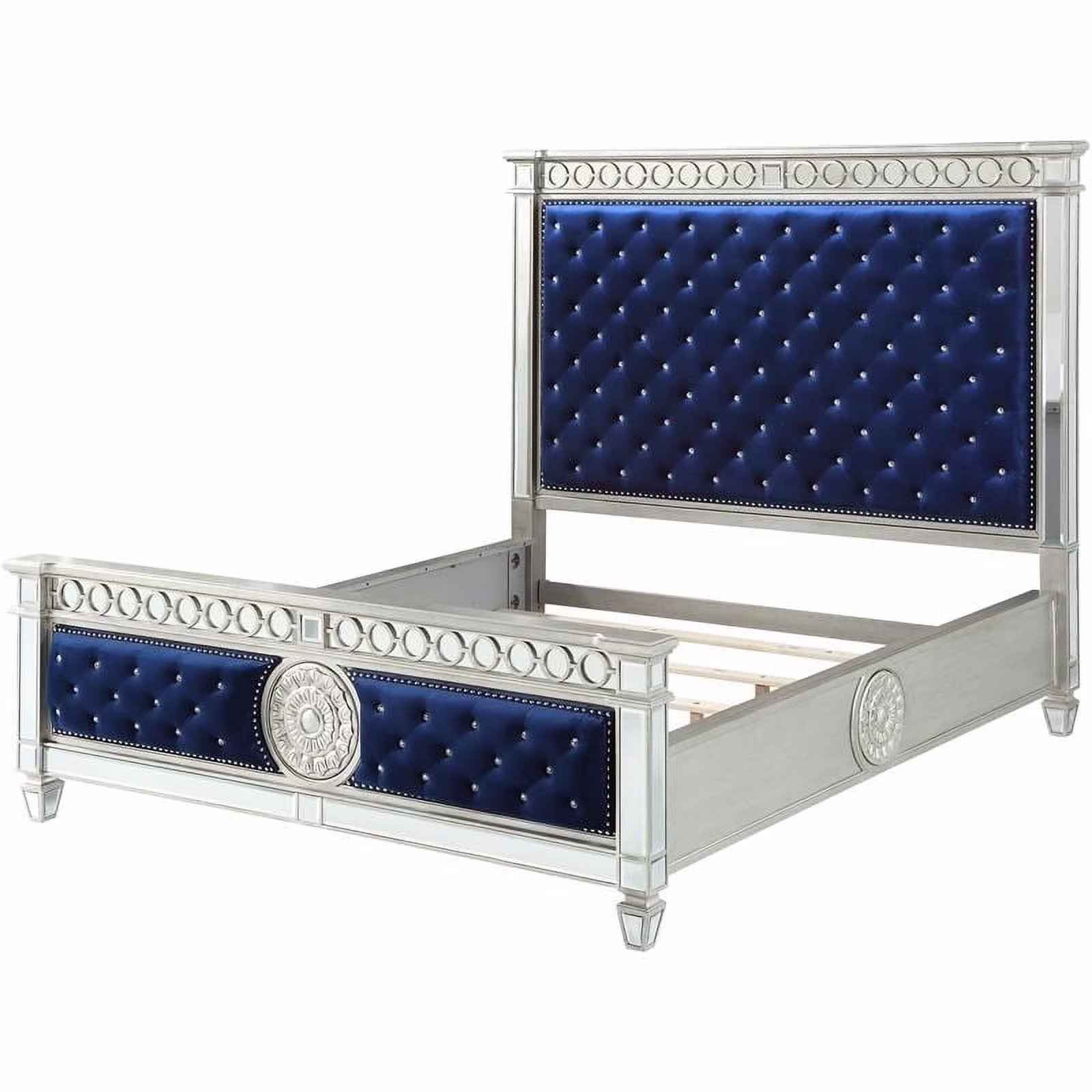 Bowery Hill Contemporary California King Bed in Blue Velvet & Mirrored