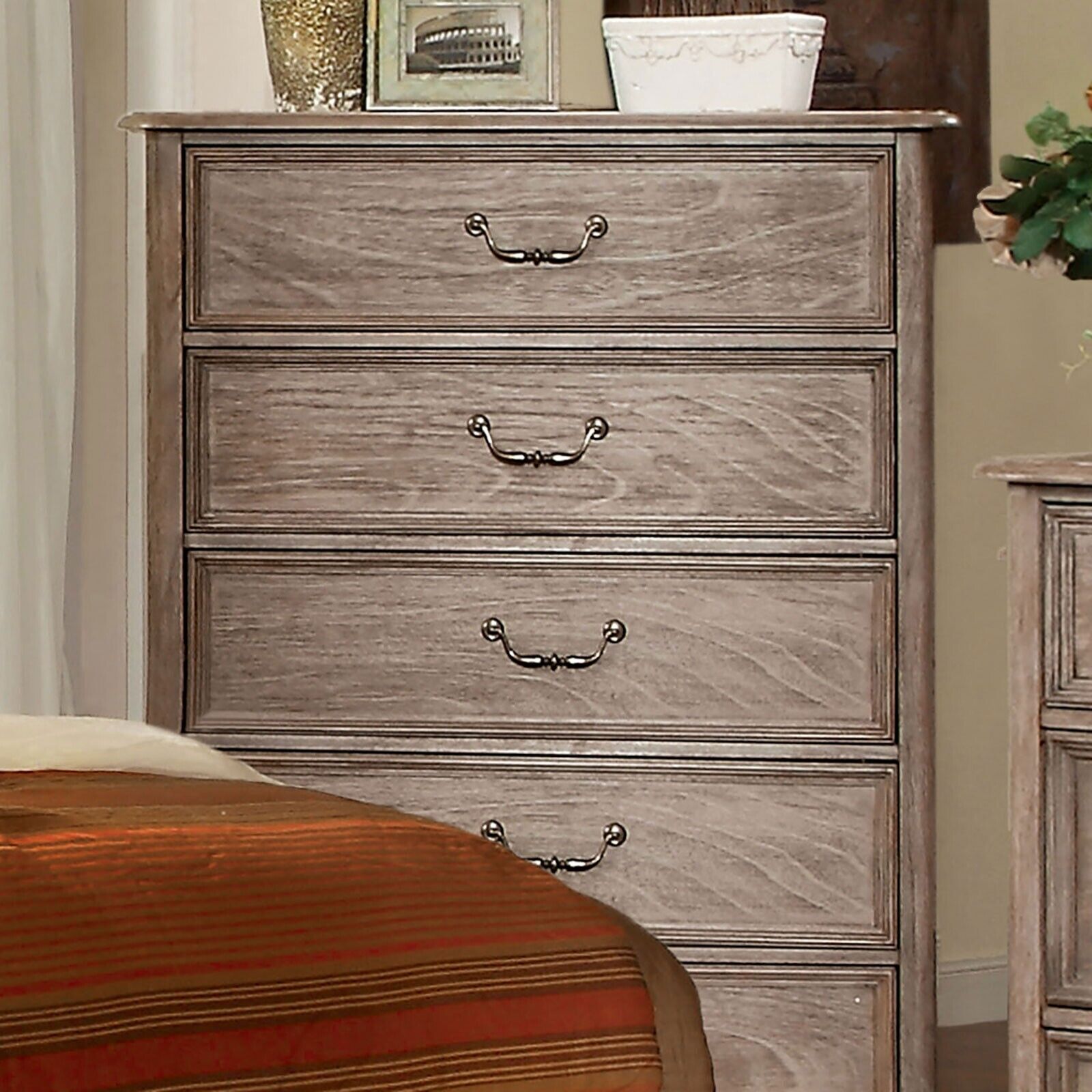 Rustic Natural Tone Finish Padded Fabric HB Storage FB Queen Size Bed w Matching Dresser Mirror 2x Nightstands Chest 6pc Set