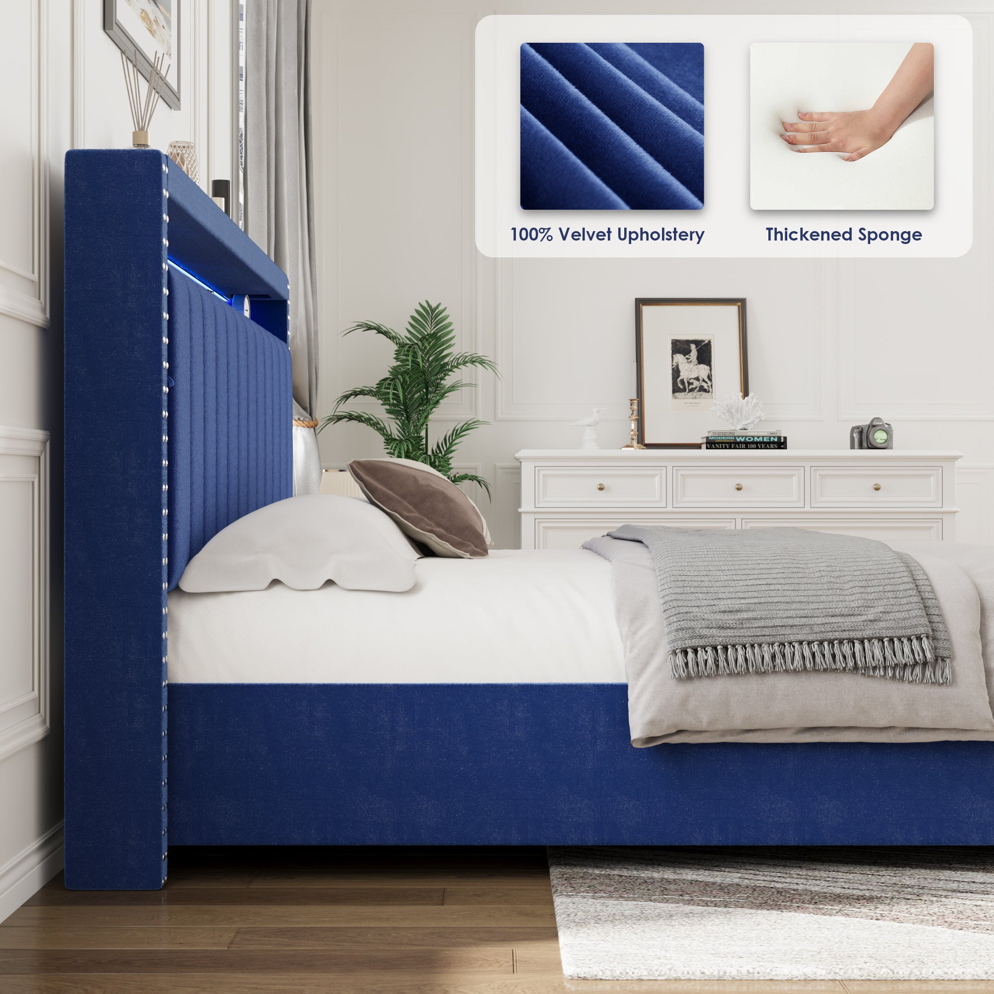 Haynes King Size Platform Bed Frame with LED - Blue