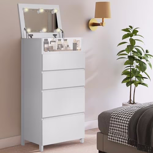 RUNFAYBIU Dresser for Bedroom  4 Drawer Dresser with Mirror and Lights  Modern Tall Chest of Drawers with  Organizer for Small Space  Bedroom  Entryway  Living Room (White)