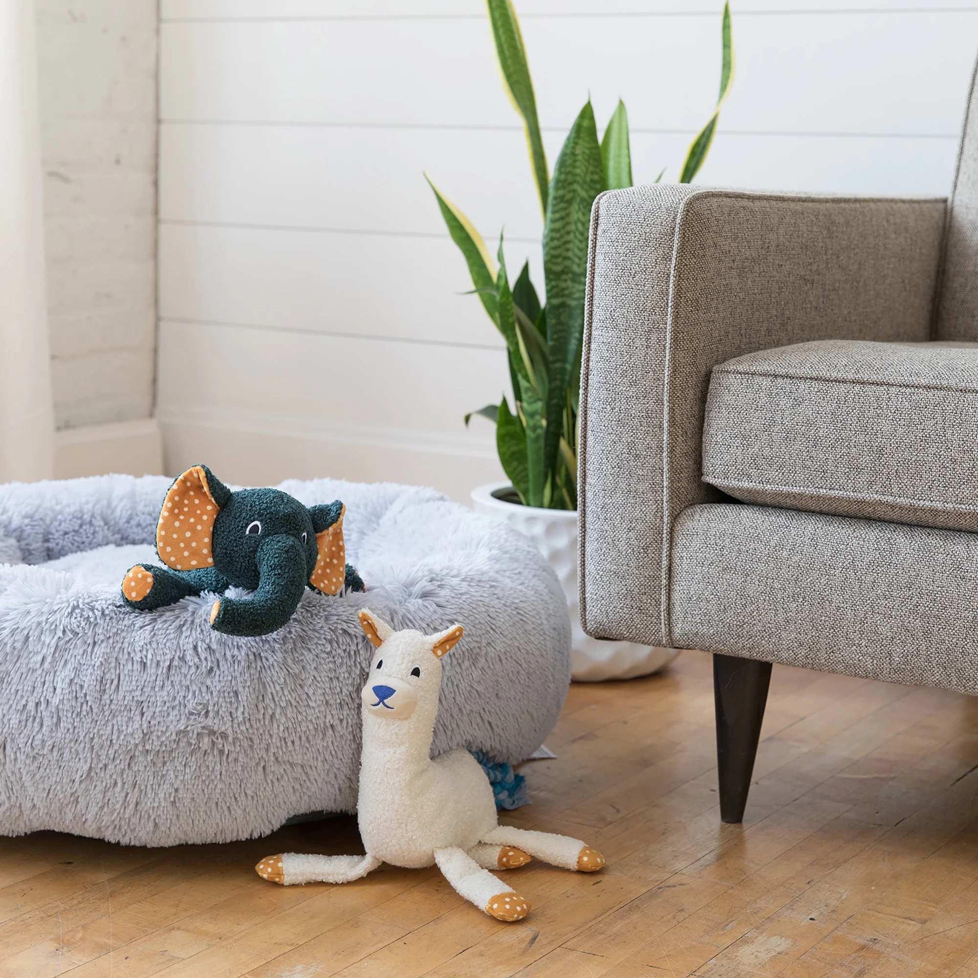 Manhattan Pet Toy Shakers Salt Under Stuffed Llama Squeaker Dog Exercise Toy with Tri-Rope Tail