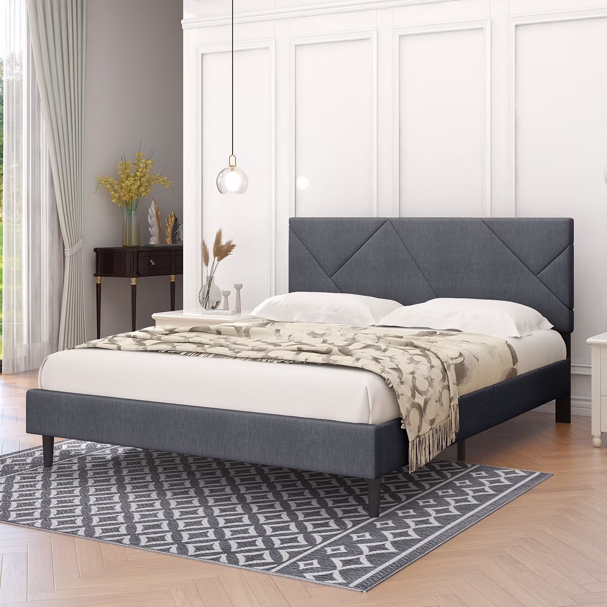 Queen Size Linen Dark Grey Sqaure Upholstered Platform Bed With Slat Support.