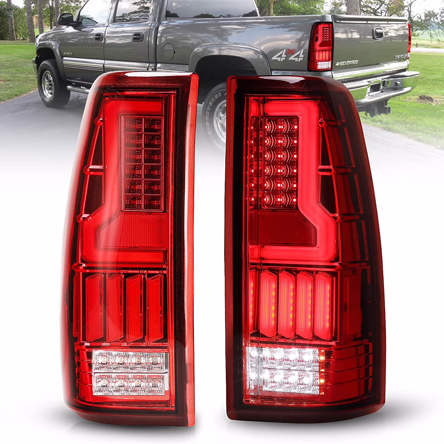 Tail Lights Assembly for 1999-2006 Chevy Silverado, 1999-2003 GMC Sierra Off Road Series for DRL LED Tail lights, with Led Turn Signals/ Brake Running Lights 1 Pair Left + Right (Red)