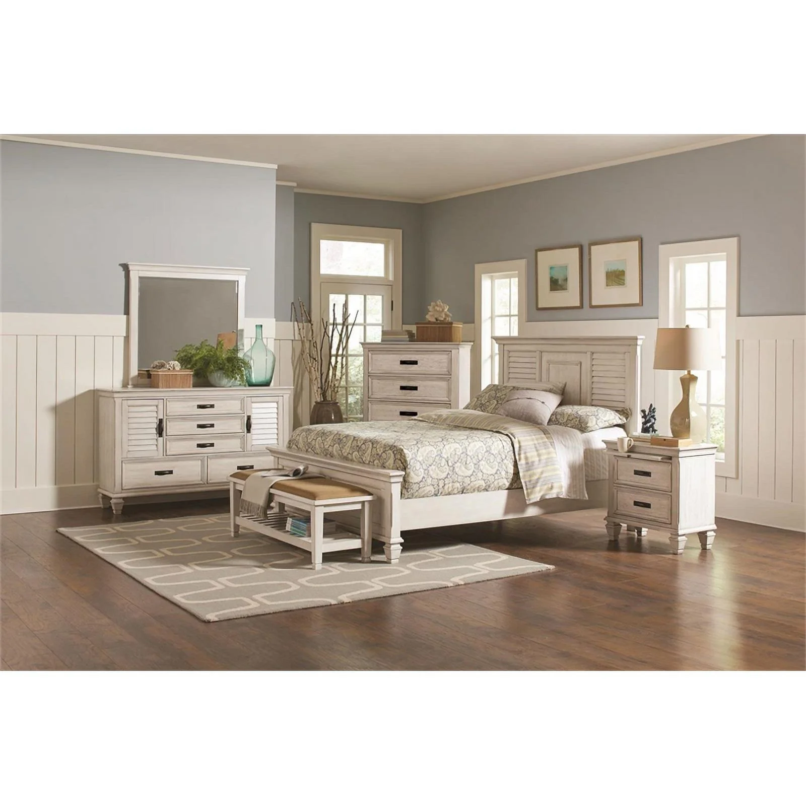Pemberly Row Farmhouse Wood California King Panel Bed in Antique White