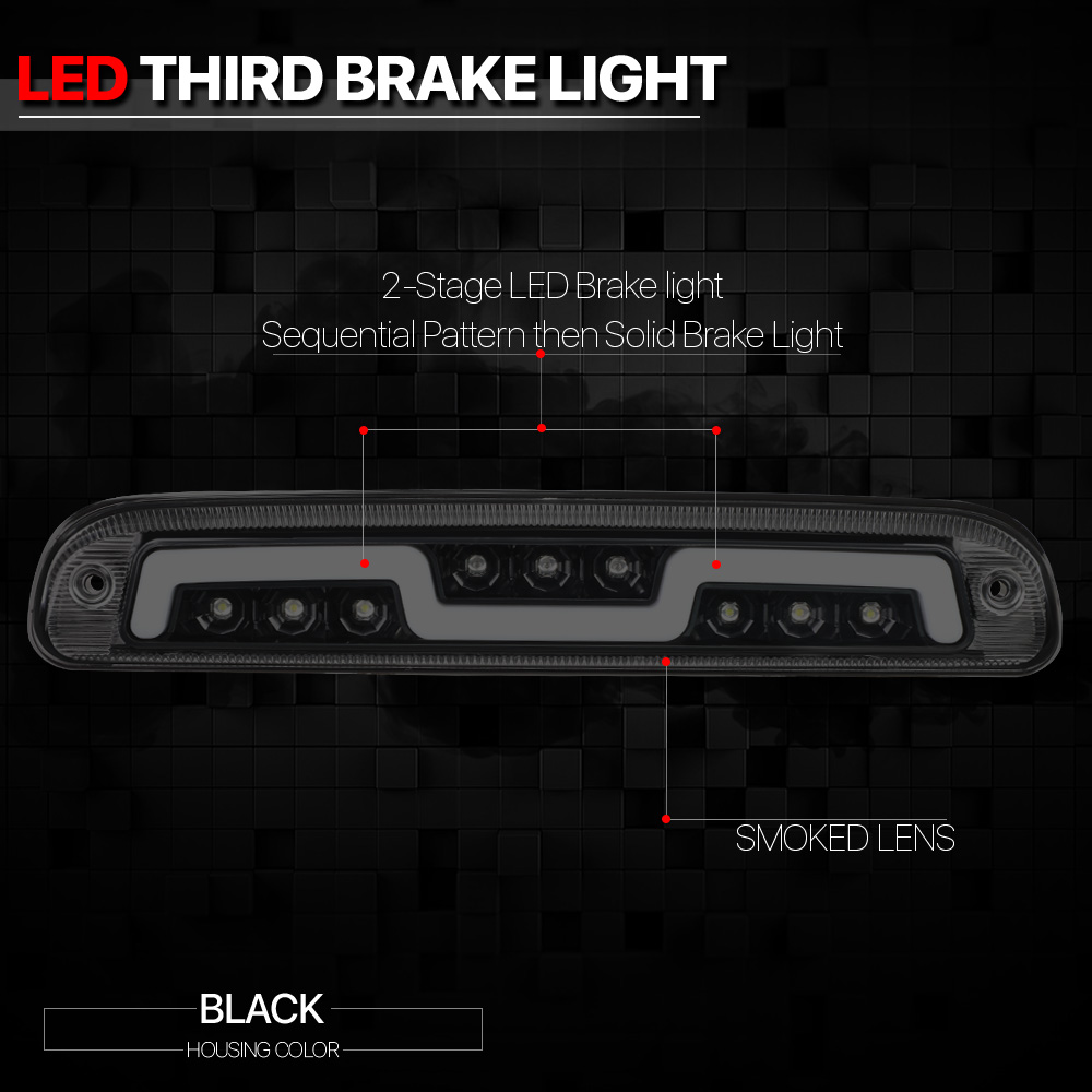 NUVISION For 1993-2016 Ford Ranger F250 F350 F450 Rear LED 3rd Third Brake Light Tail Stop Lamp Black Housing Smoked Lens 12 13 14 15