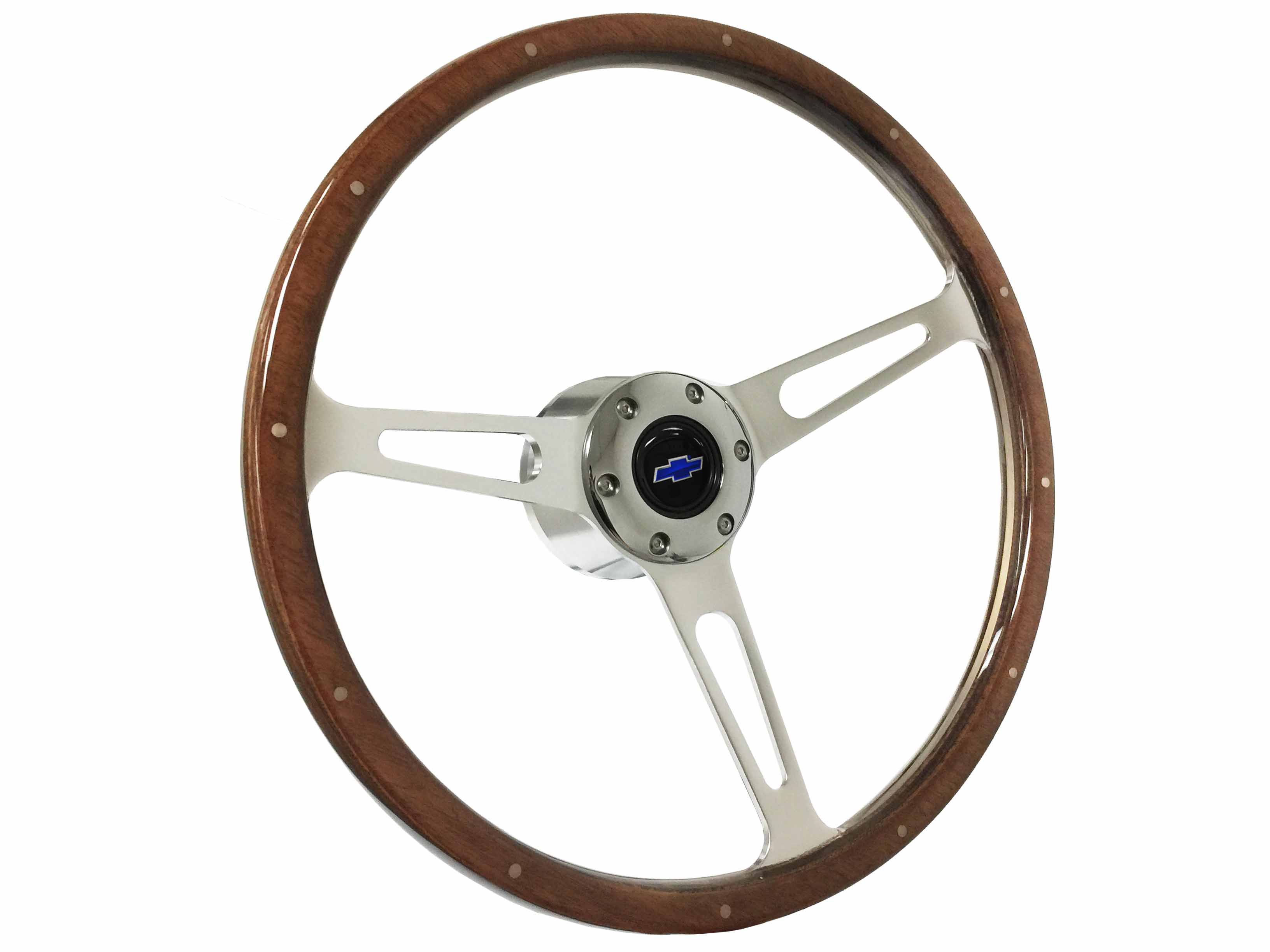 1969-1989 Chevrolet Passenger; VSW 6 Bolt Deluxe Rivetted Wood Steering Wheel Kit, Blue Bow Tie