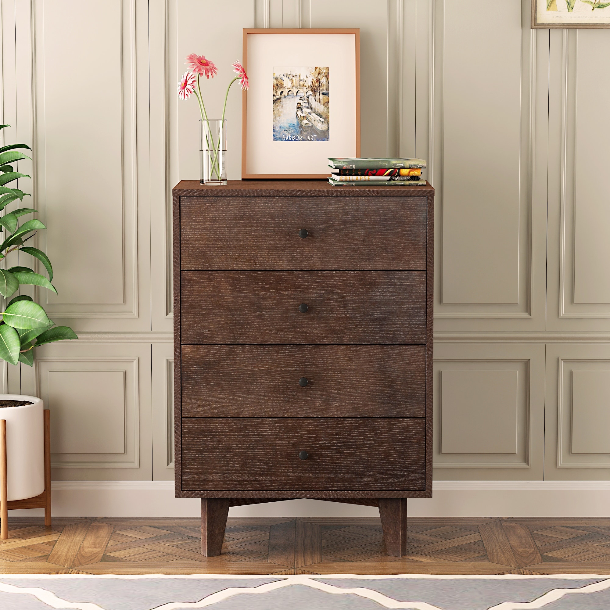 BESTCOSTY Retro Soild Wood 4 Drawers Dresser with Round Hndle