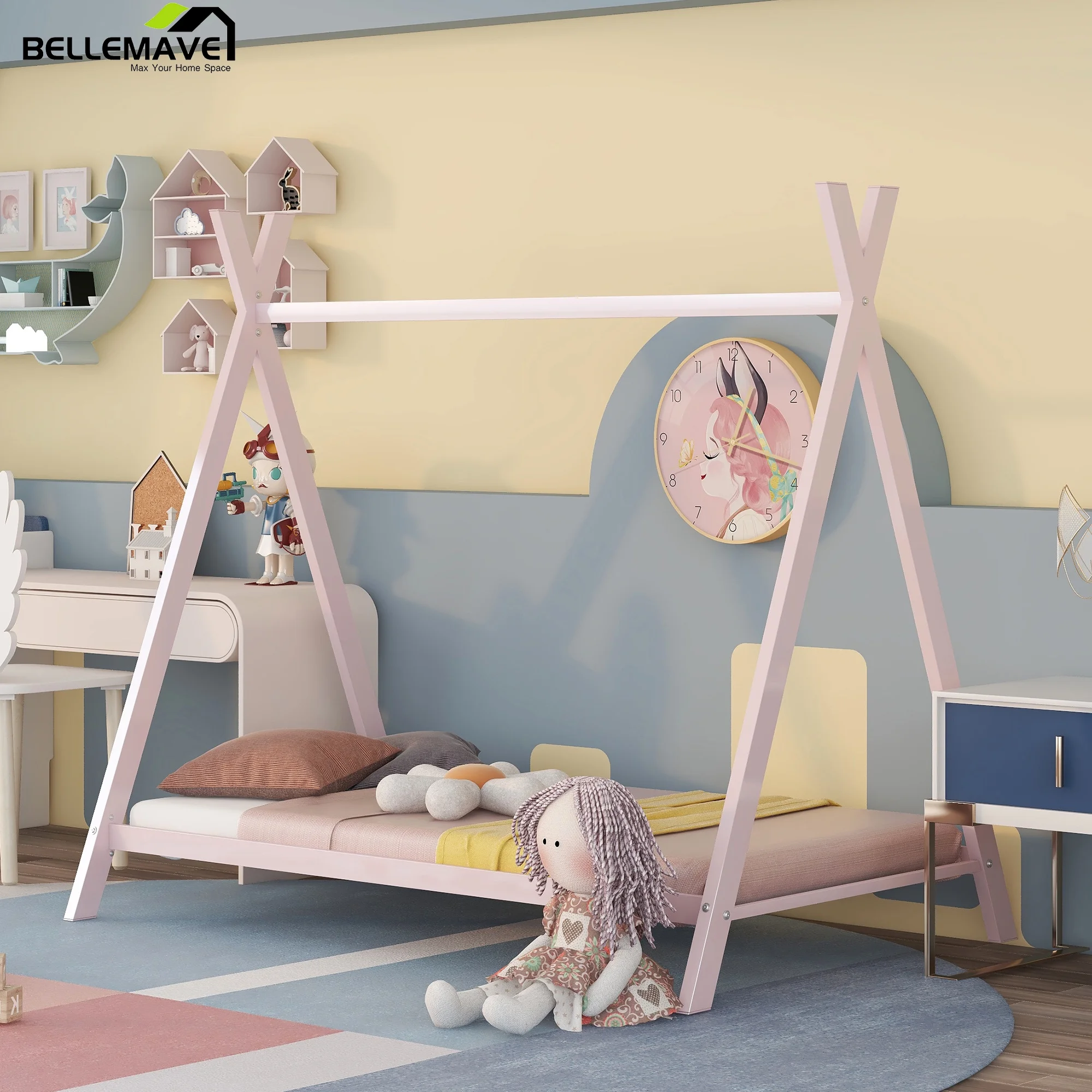 Bellemave Twin Size House Bed Montessori Bed, Metal Tent Bed Floor Play House Bed with Slat, Platform Bed Frame for Kids Teens Girls & Boys, No Box Spring Needed (Pink)