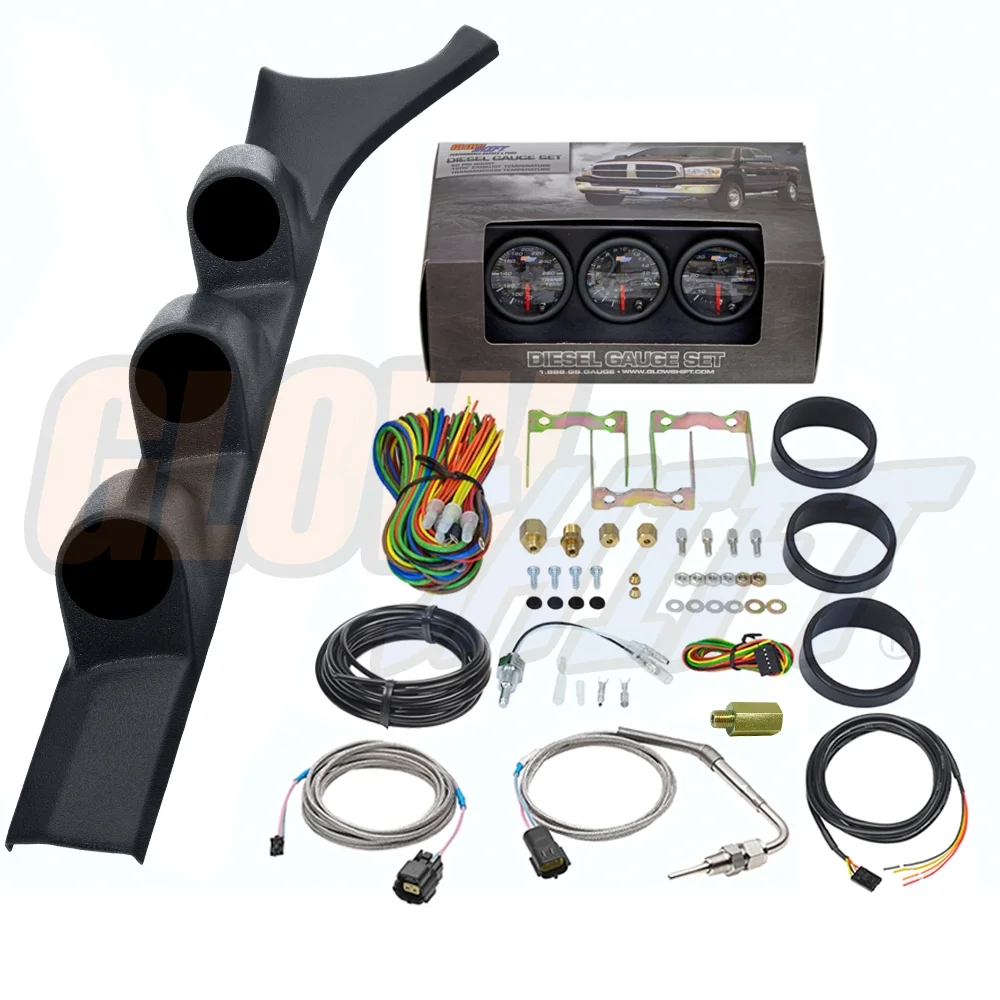 GlowShift 1986-1993 Dodge Ram Cummins Triple Gauge Package with Black 7 Color DS1 Gauge Set
