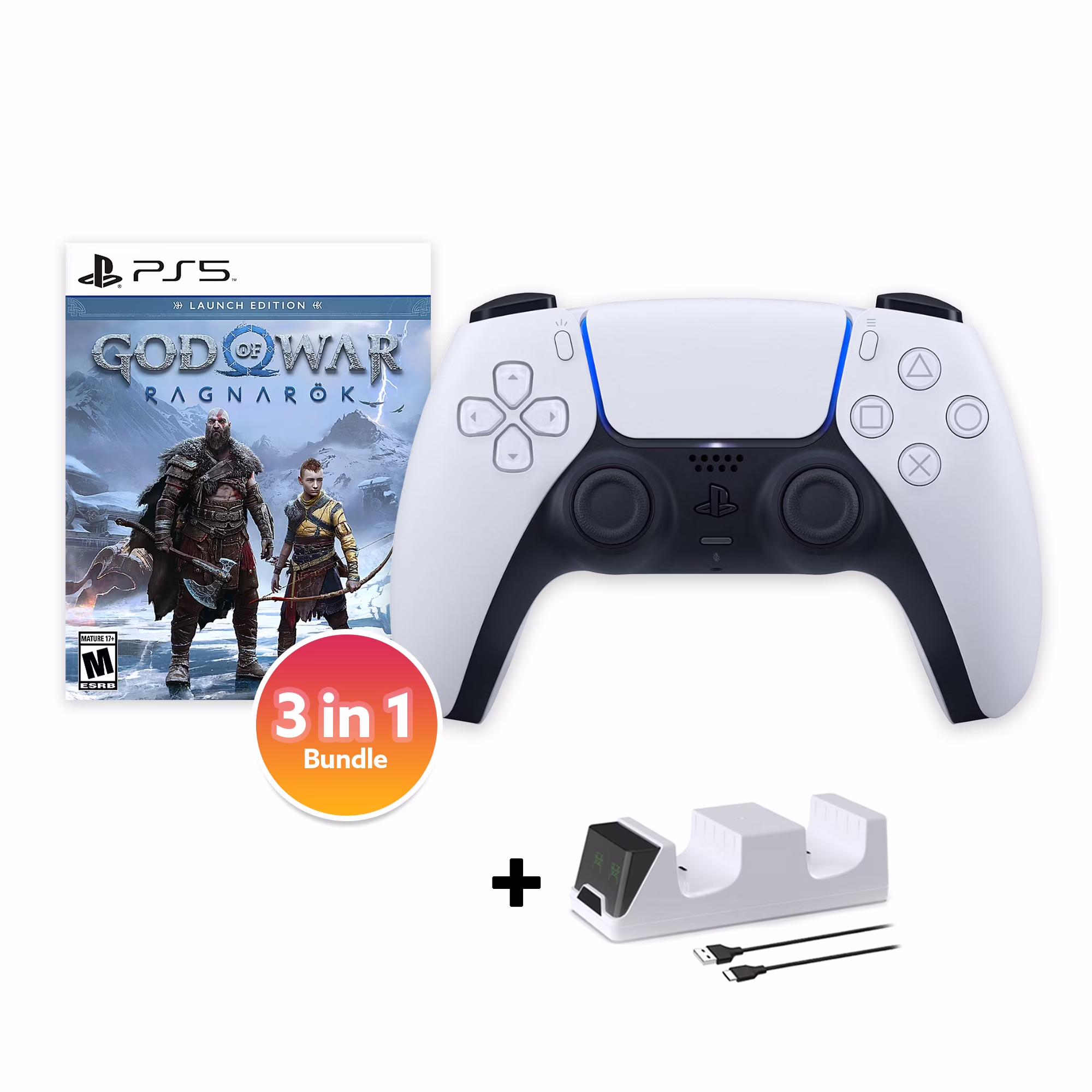 PlayStation 5 DualSense Controller White with God of War Ragnarok and Mytrix Dual Controller Charger - 3 in 1 Bundle for PS5