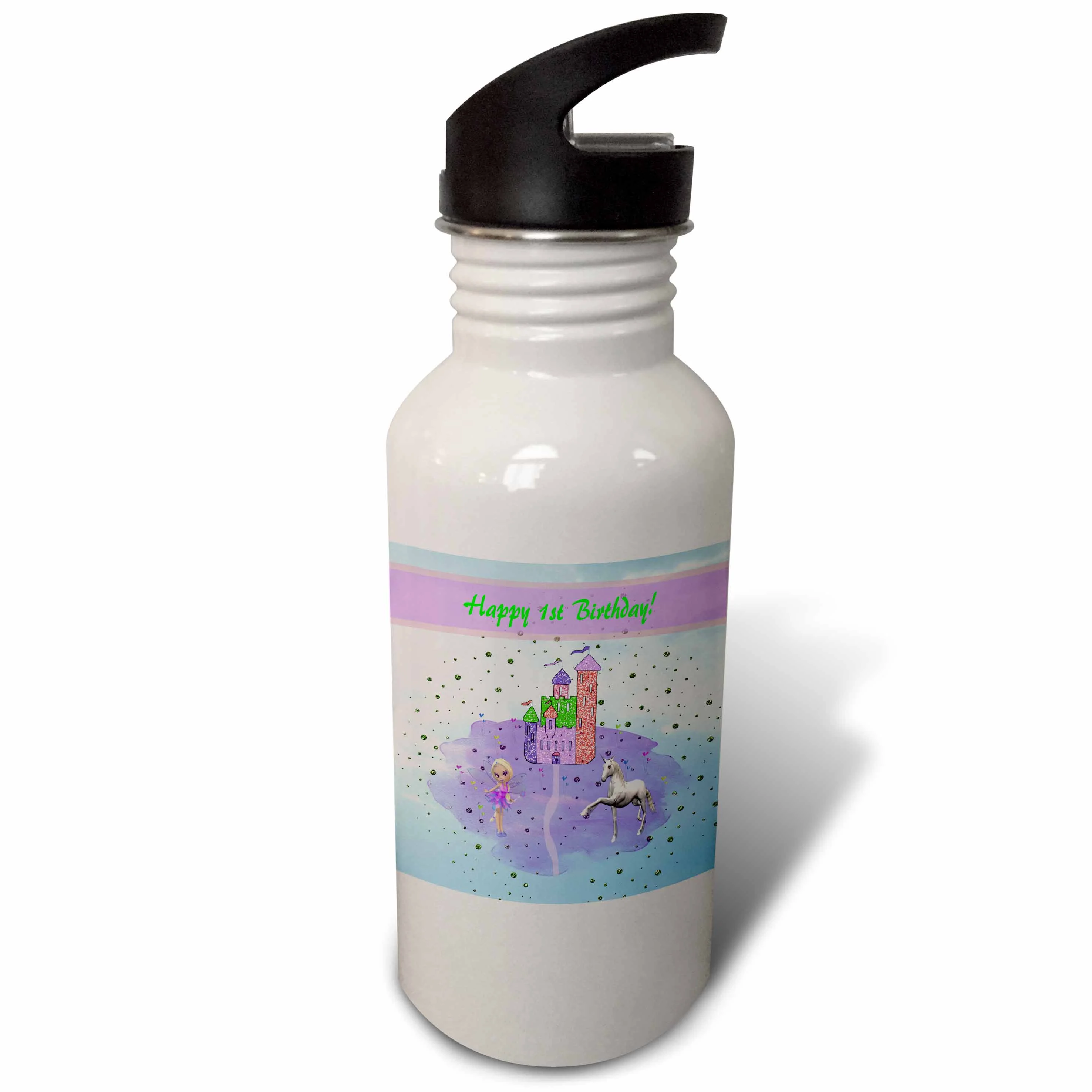 Glitter Look Castle with Fairy Princess and Unicorn, Happy 1st Birthday 21 oz Sports Water Bottle wb-180768-1