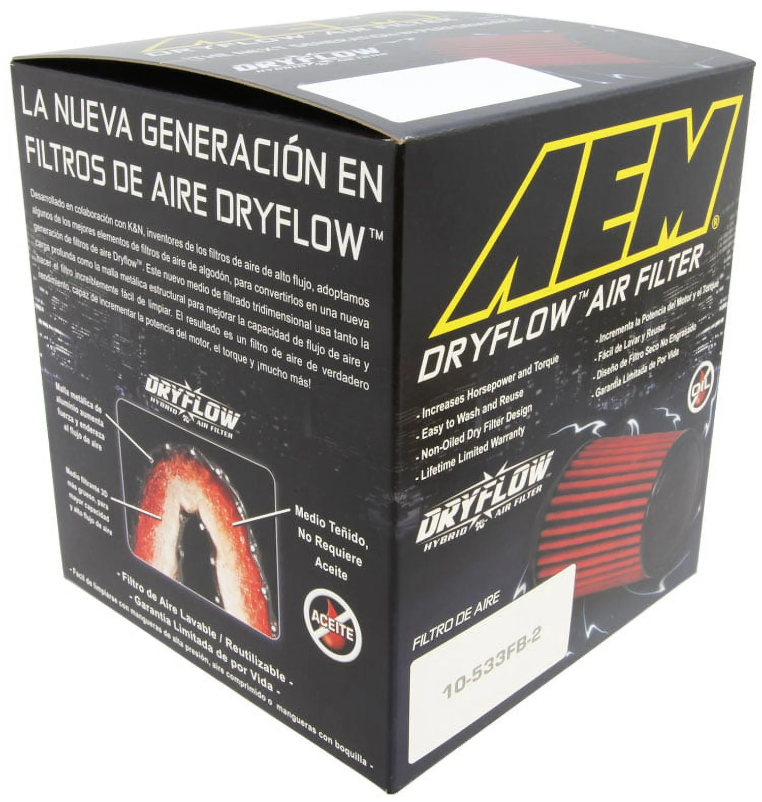 AEM 21-203DK Universal DryFlow Clamp-On Air Filter: Round Tapered; 3 in (76 mm) Flange ID; 5.125 in (130 mm) Height; 6 in (152 mm) Base; 5.125 in (130 mm) Top