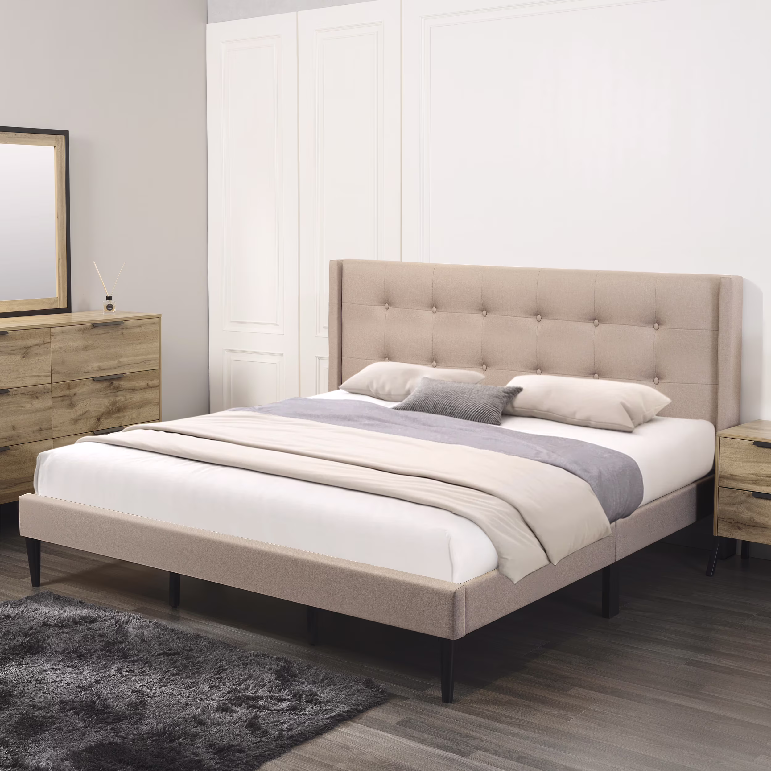 Larksperal Queen Size Bed Frame Upholstered Platform with Wingback Tufted, No Box Spring Needed, Beige