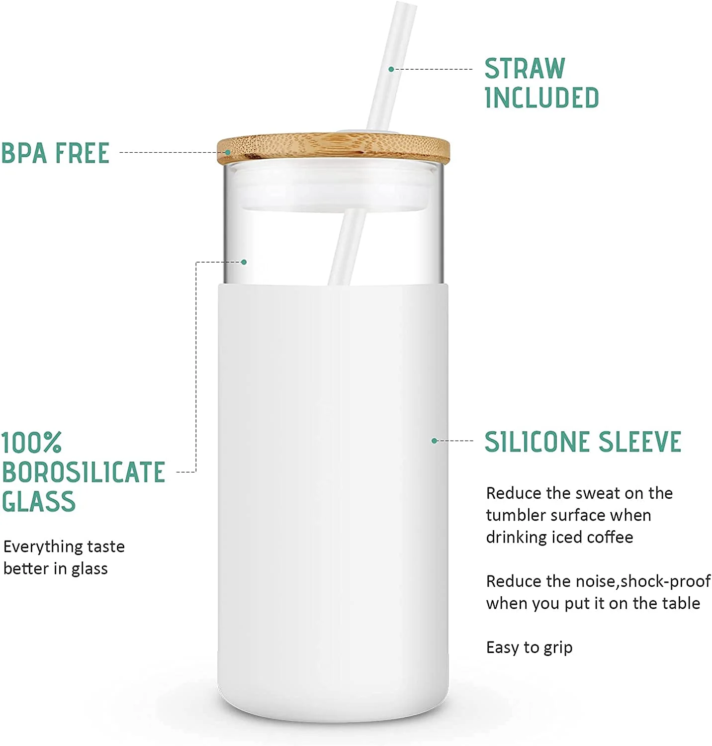 Tronco 20 oz glass tumbler glass water bottle straw silicone protective sleeve bamboo lid-BPA free-Amber