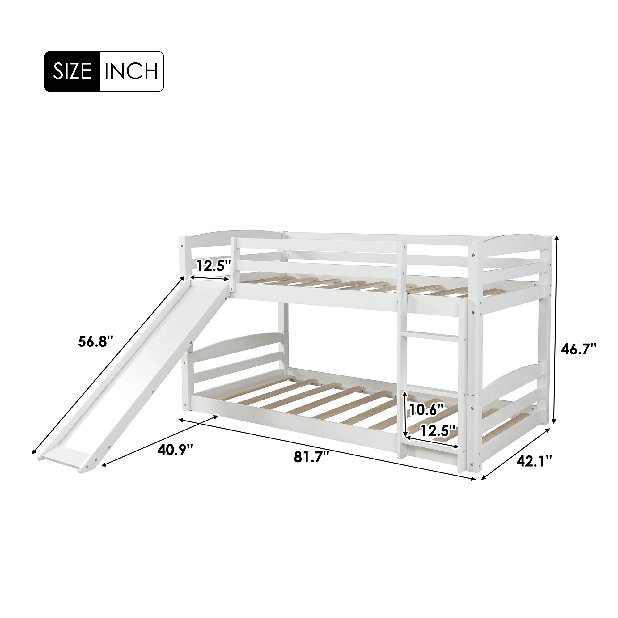 White Twin over Twin Low Bunk Bed with Slide and Ladder