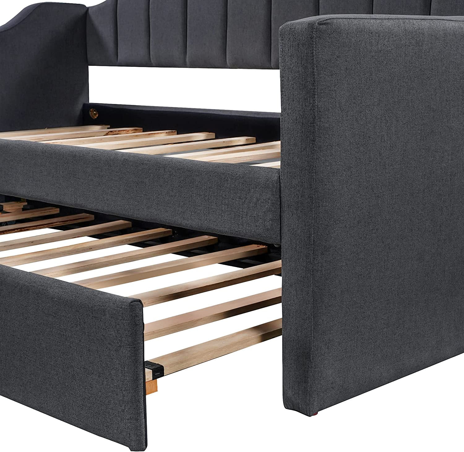 Daybed Wi Trundle, Upholstered Sofa Bed Wood Bed Frame Wi Swooping Arms, Daybed Frame No Box Spring Needed (Black)