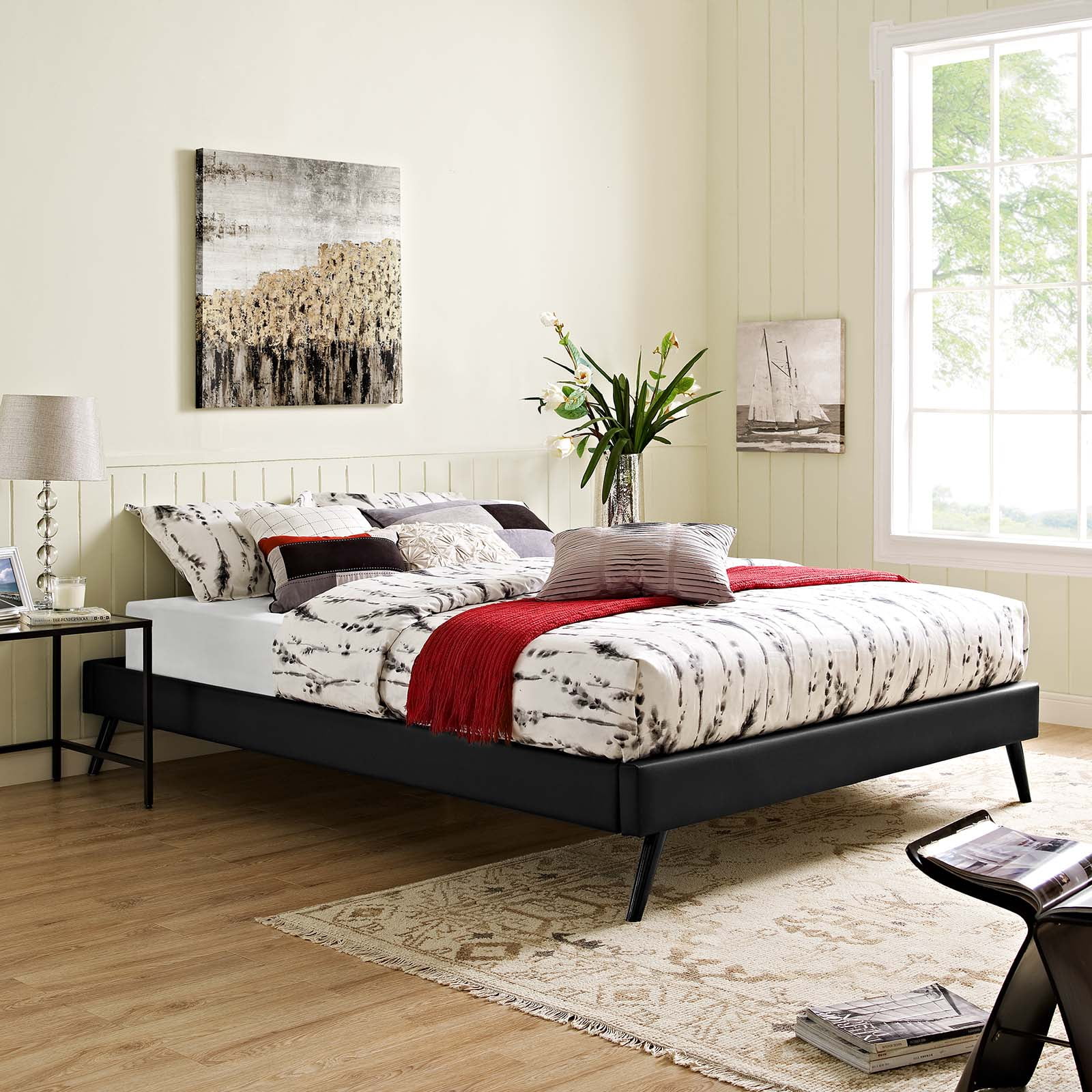 Modern Contemporary Urban Design Bedroom Queen Size Platform Bed Frame, Faux Vinyl Leather, Black