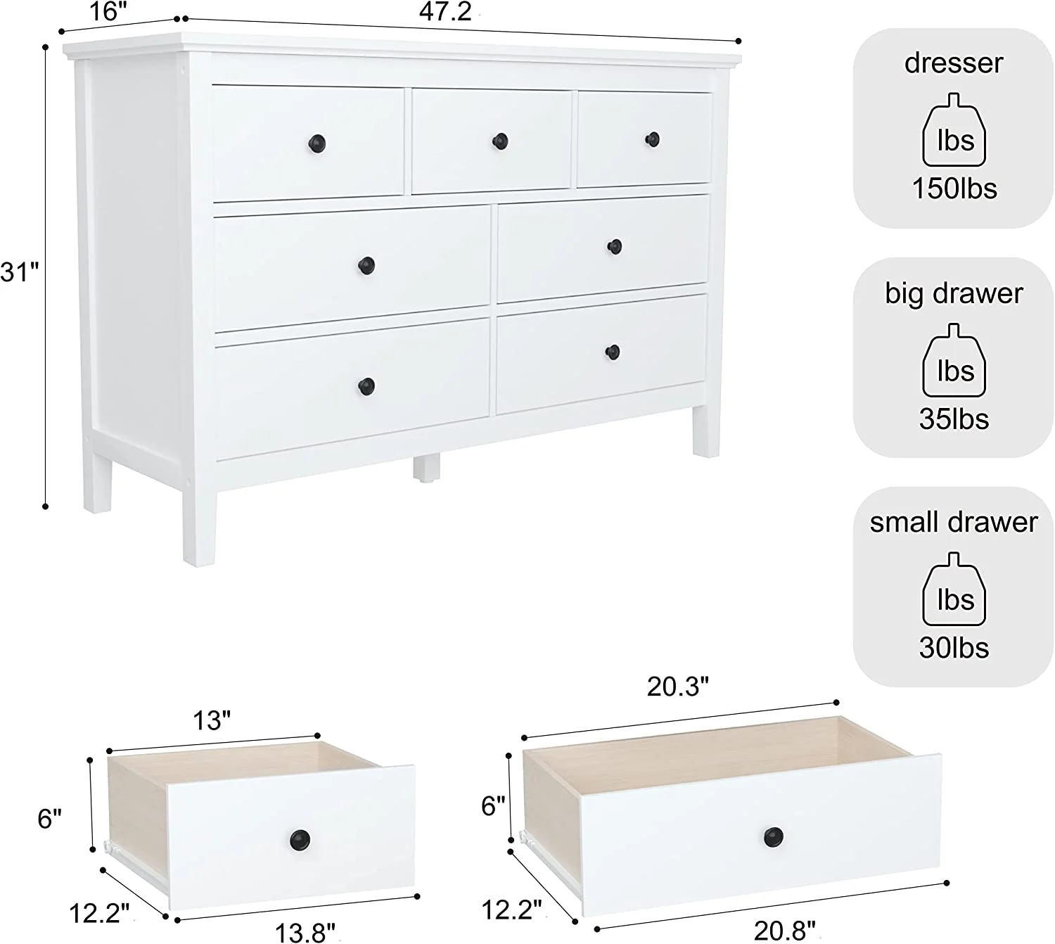 YOJFOTOOU. White Modern Dresser for Bedroom, 7 Drawer Double Dresser with Wide Drawer and Metal Handles, Wood Dressers & Chests of Drawers for Hallway, Entryway.
