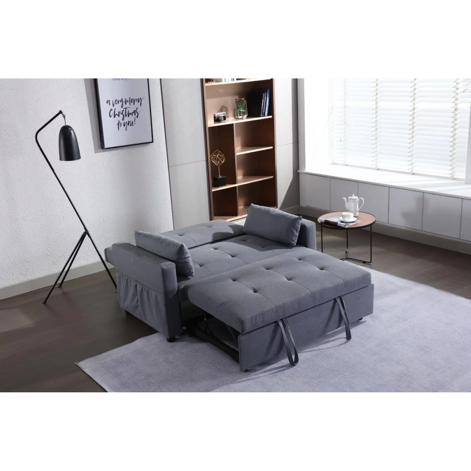 2 Seaters Slepper Sofa Bed.Dark Grey Linen Fabric 3-in-1 Convertible Sleeper Loveseat with Side Pocket.