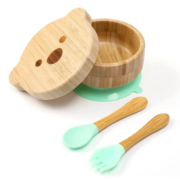 Baby Bowls with Lid - HBM Bamboo Suction Bowls for Baby and Spoon Set - 3PC Feeding Supplies Set for Infant, Toddlers - Detachable Silicone Suction Stay Put Base for Wooden Bowl - BPA Free （Mint）