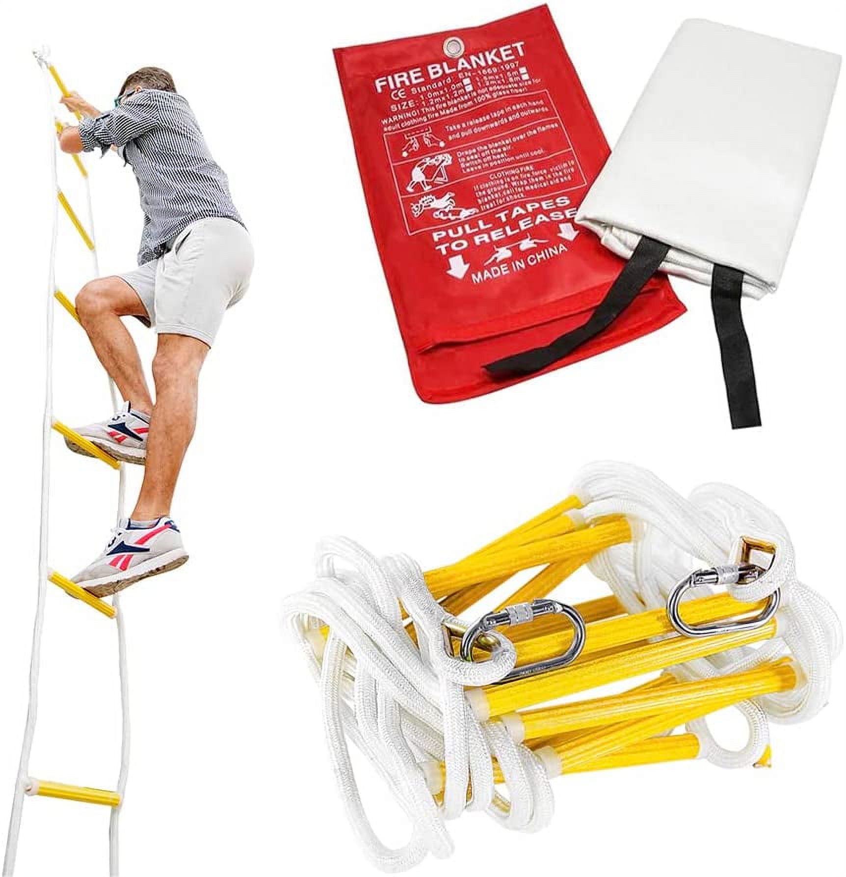 Emergency Escape Rope Ladder 3 Storey 25ft (8m) + Fireproof Blanket 47*70 in for Home / Life Saving Equipment for Family