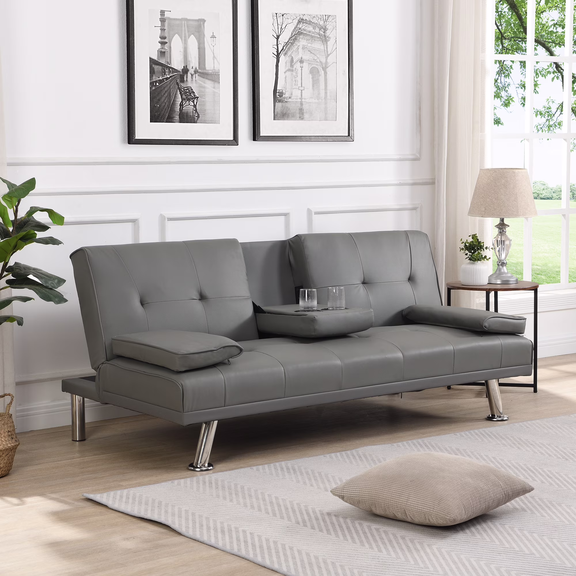 sofa bed with Armrest two holders WOOD FRAME, STAINLESS LEG, FUTON GREY PVC